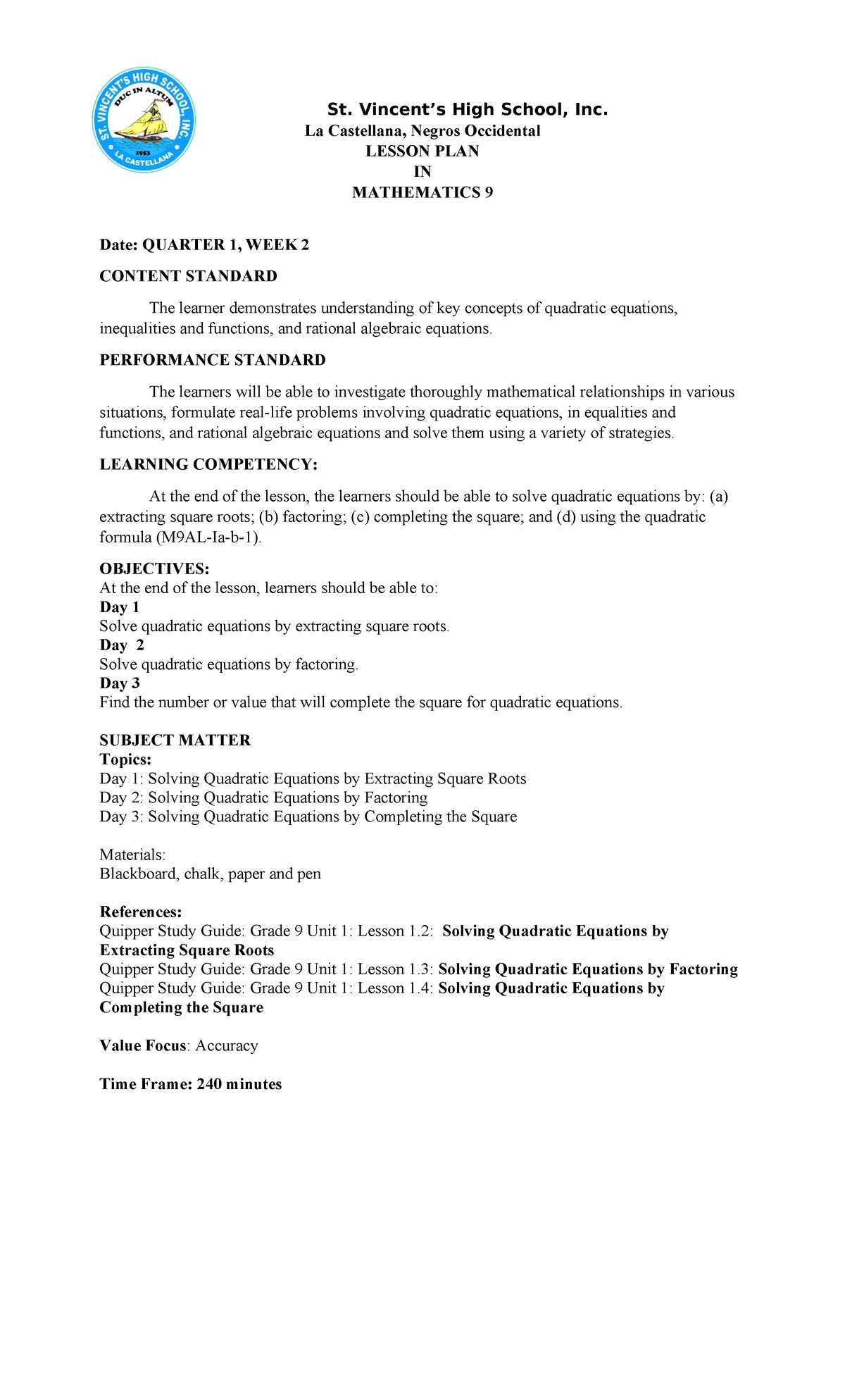 Mathematics 10 Lesson Plan: Long & Synthetic Division Techniques - Studocu
