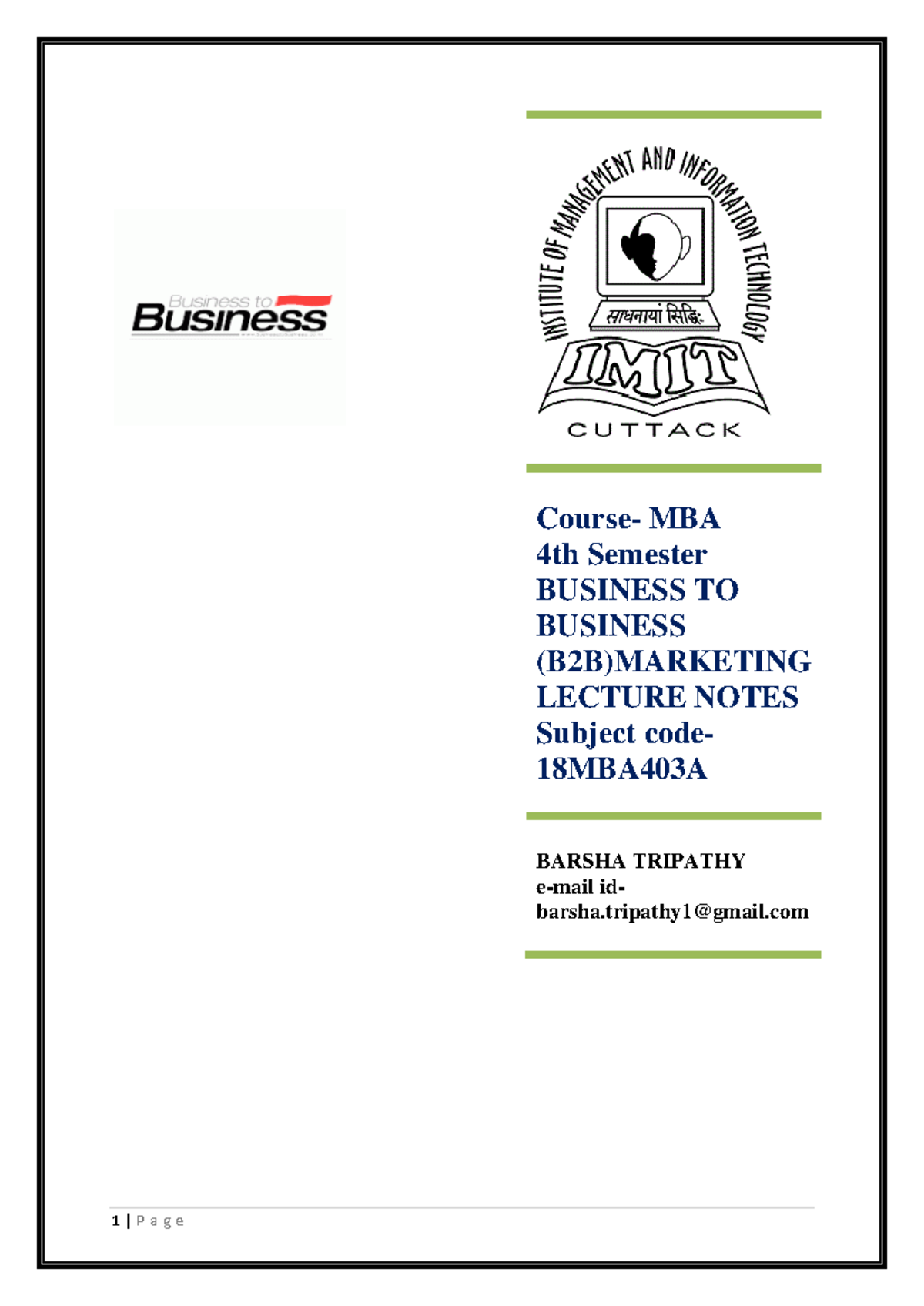 MBA 4th Sem - B2B Marketing Lecture Notes (18MBA403A) - Studocu