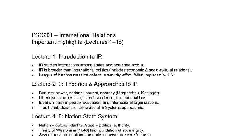 PSC201 International Relations Lecture Highlights: Key Concepts ...