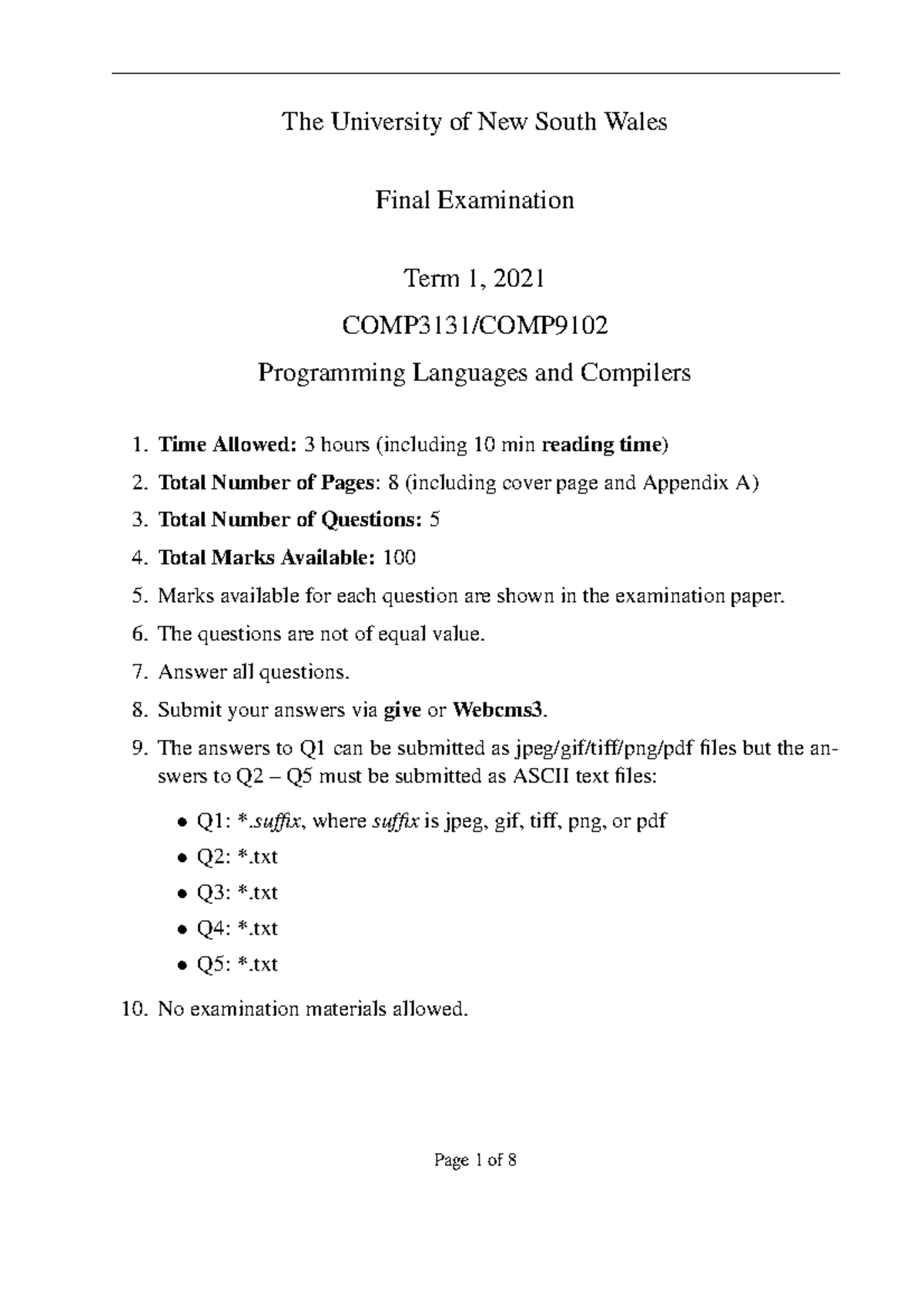 UNSW COMP1511 Final Exam Term 1, 2021: Programming Languages ...