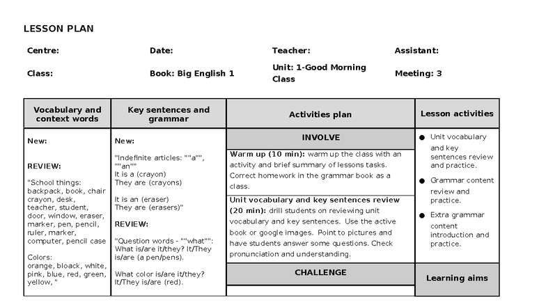 BE1 U1M3 - Lesson Plan: Vocabulary & Grammar Review Activities - Studocu