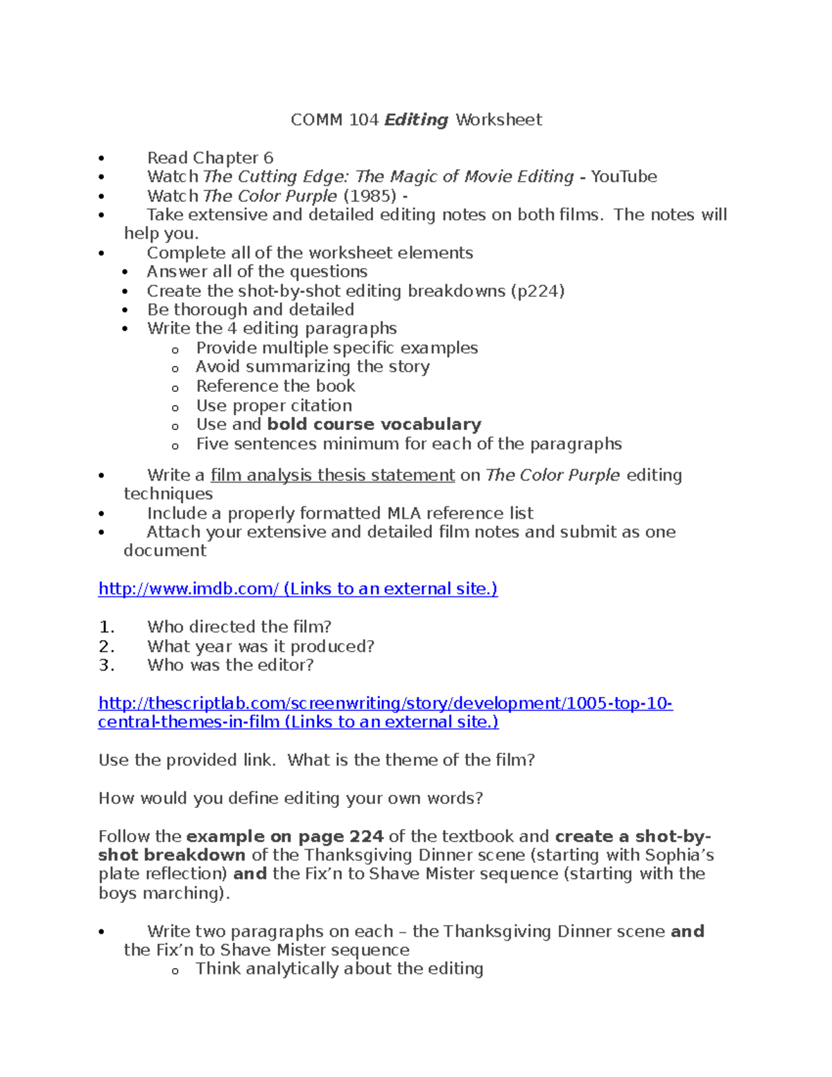 COMM 104 Editing Worksheet: Detailed Analysis of Editing Techniques ...