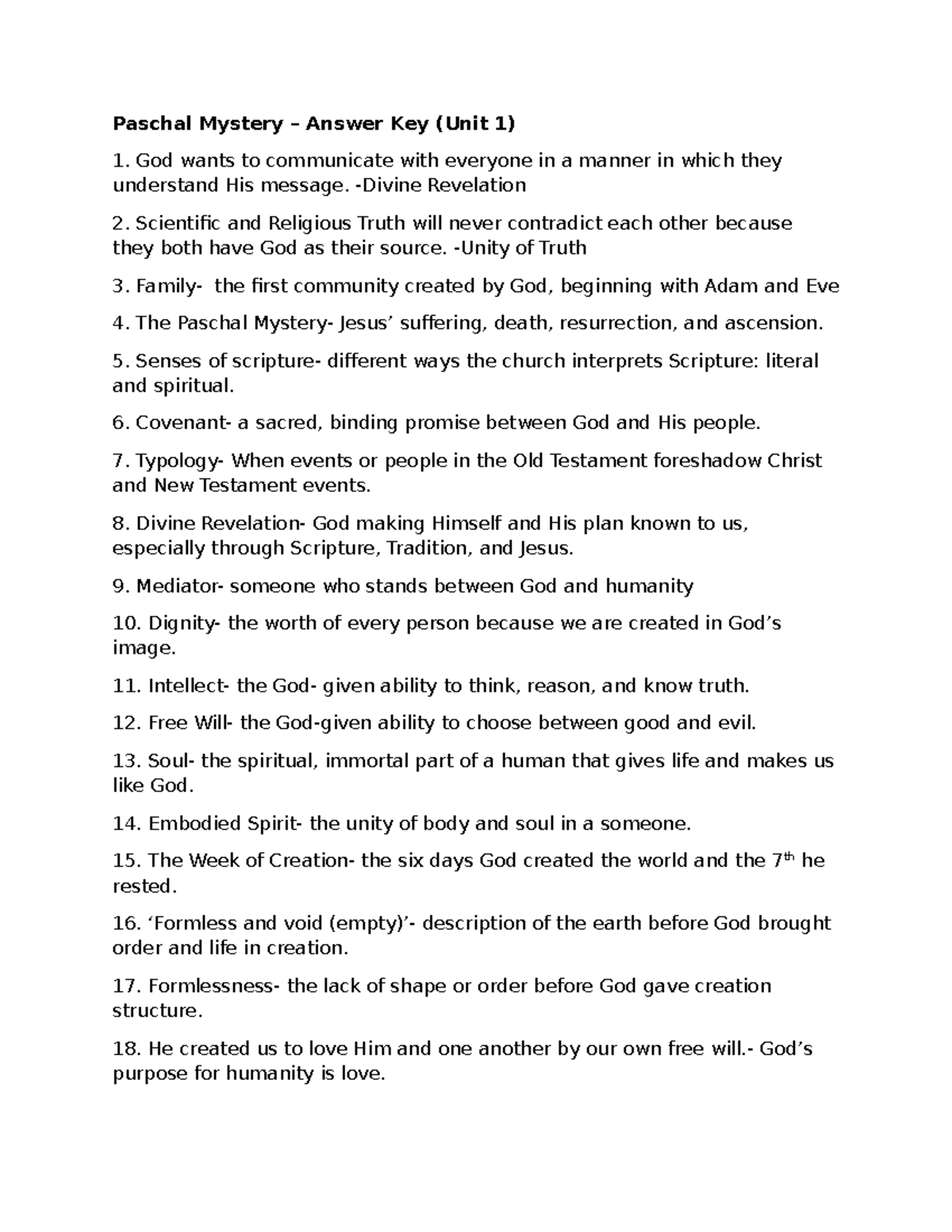 Paschal Mystery Unit 1 - Answer Key & Concept Review - Studocu