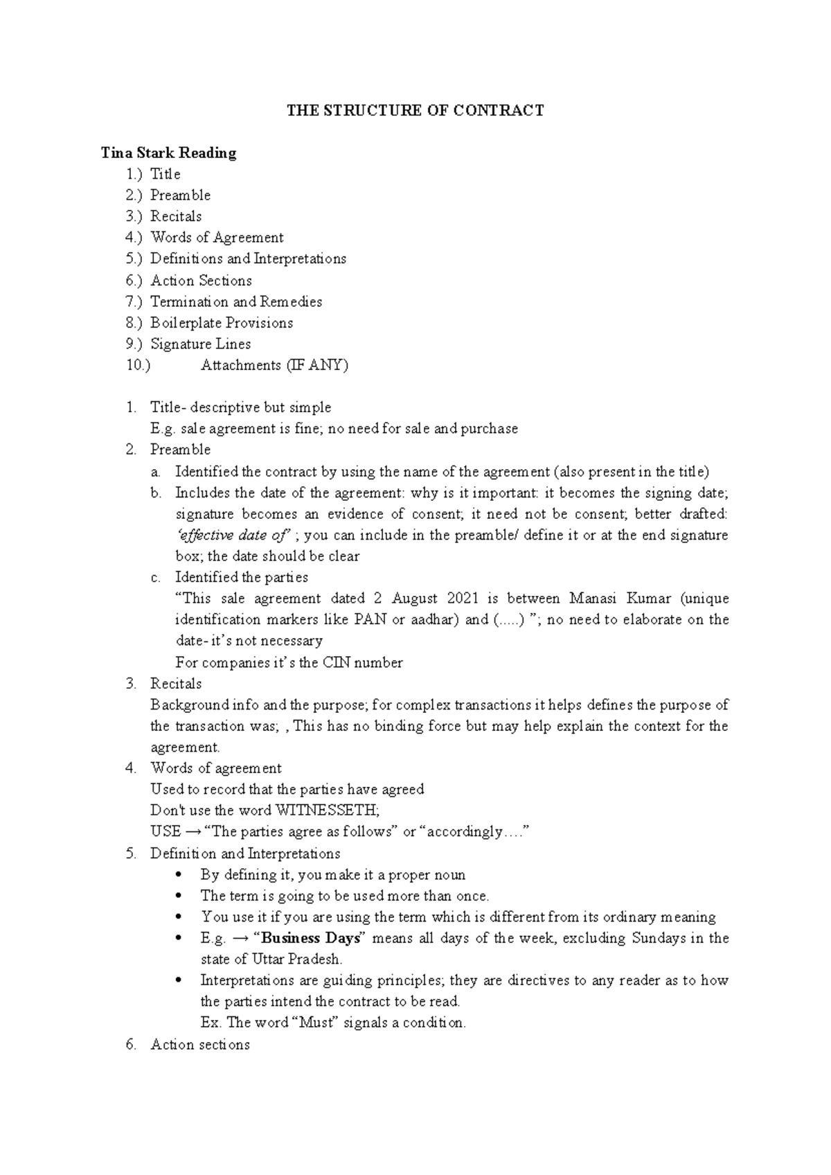 Contract Structure and Key Provisions: A Study Guide (LAW 101) - Studocu