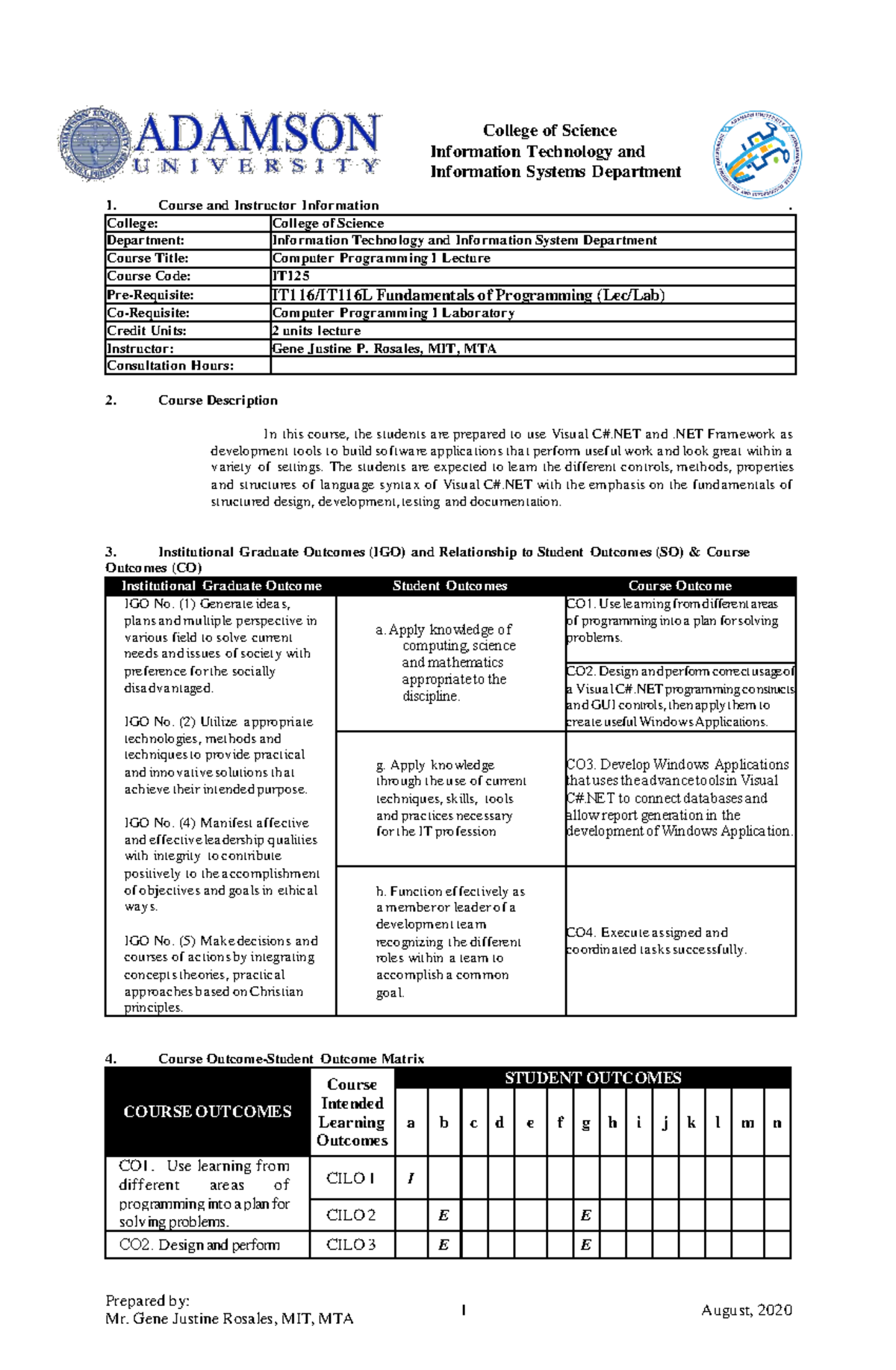 Computer Programming 1 Lecture - Prepared by: 1 August, 2020 College of ...
