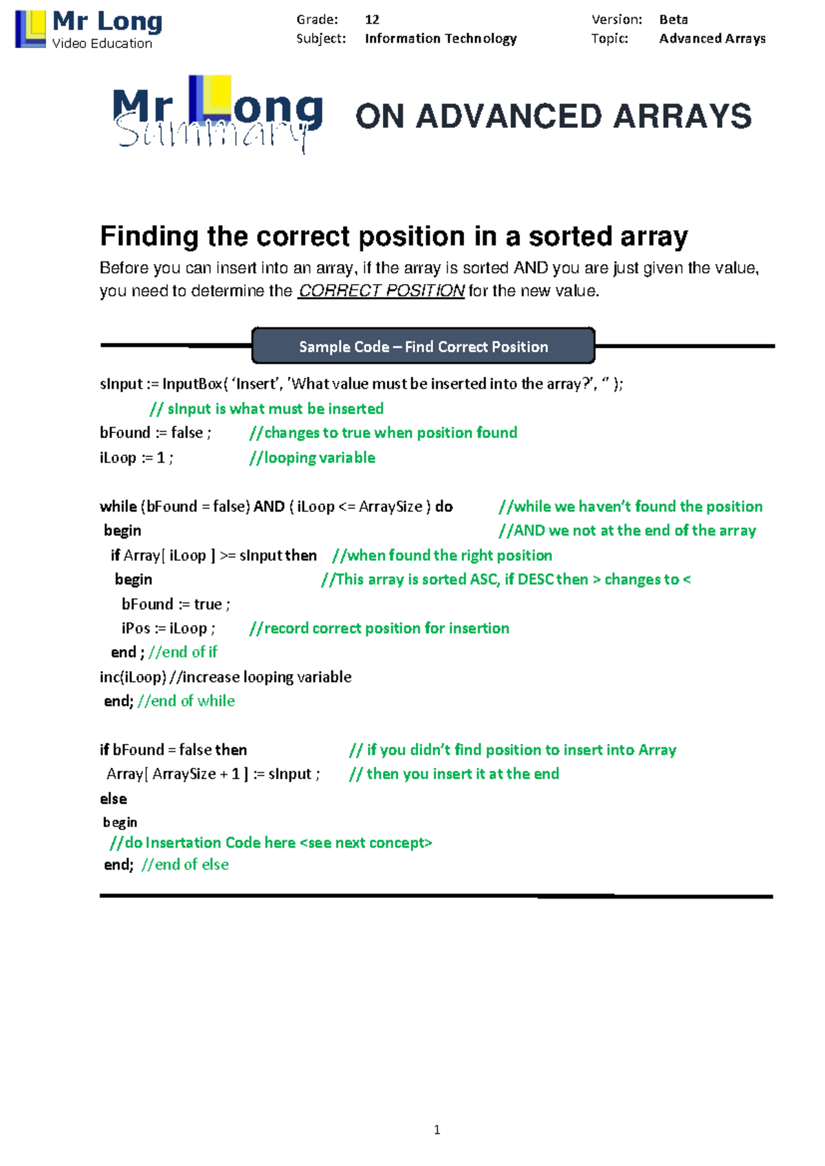 Advanced Arrays Mr Long Summary - Subject: Information Technology Topic ...