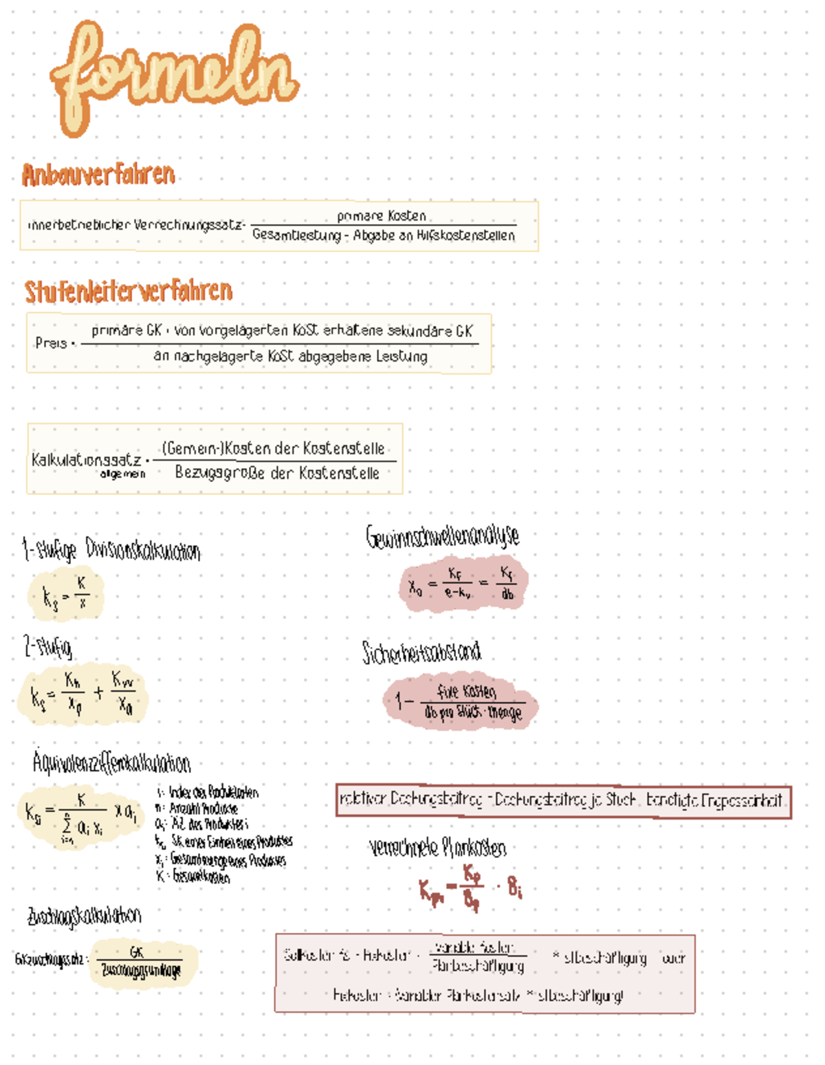 Kostenrechnung Lernzettel: Ein Überblick über wichtige Begriffe und  Konzepte - Studocu