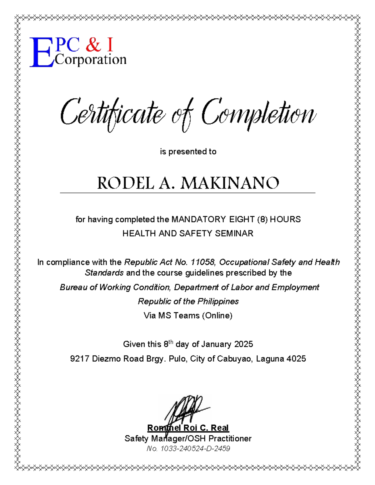 PCT-MESH - Certificate of Completion for Health Safety Seminar - Studocu