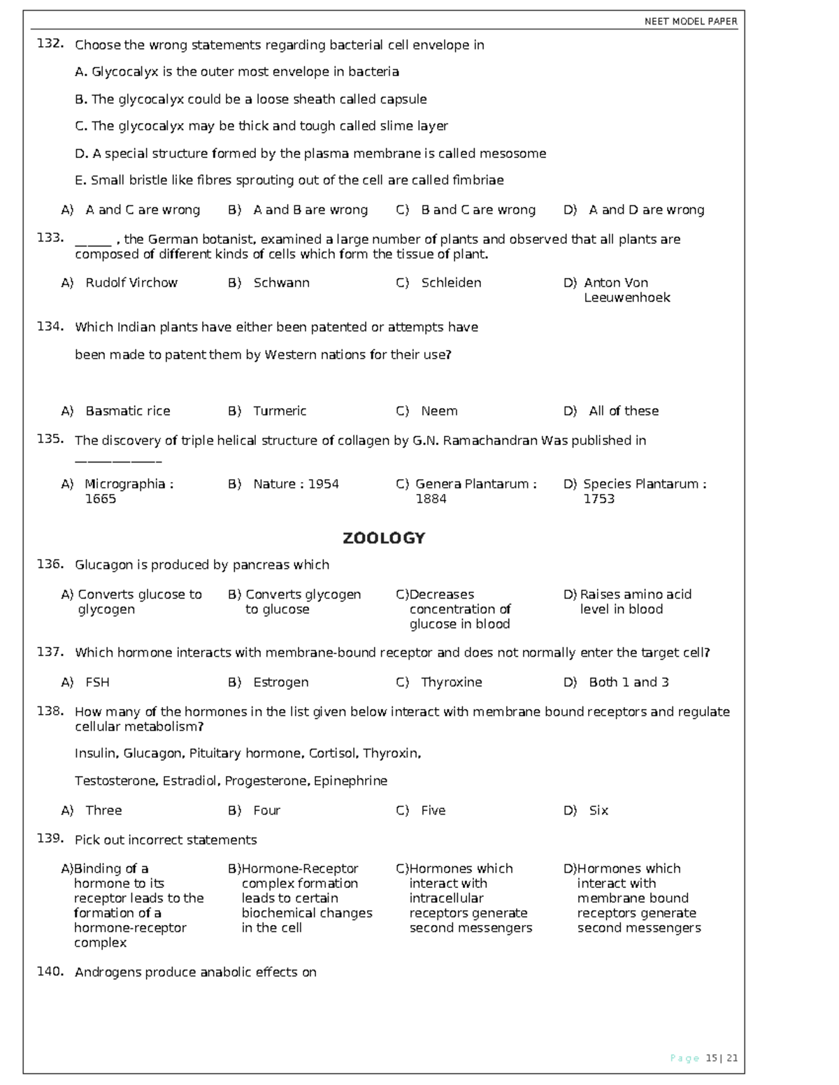 NEET MODEL PAPER: Chemical Coordination and Hormonal Functions - Studocu