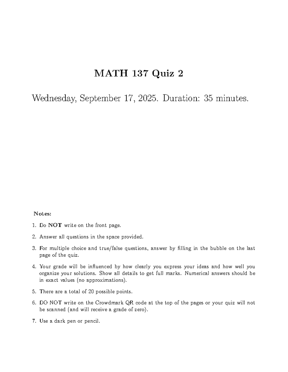 MATH 137 Quiz 2 Guidelines and Instructions for Sept 17, 2025 - Studocu