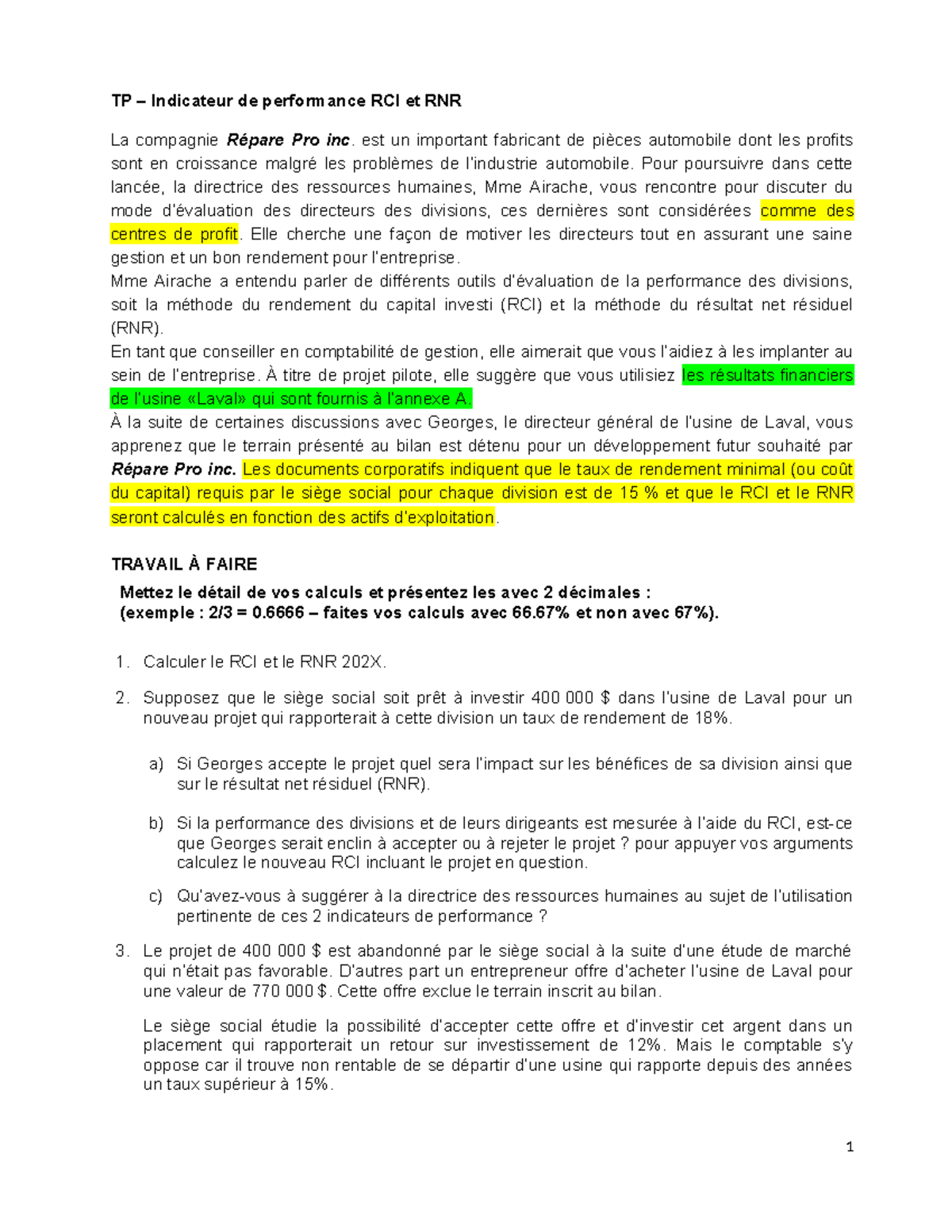 TP RCI et RNR - Analyse de Performance pour Répare Pro Inc. - Studocu