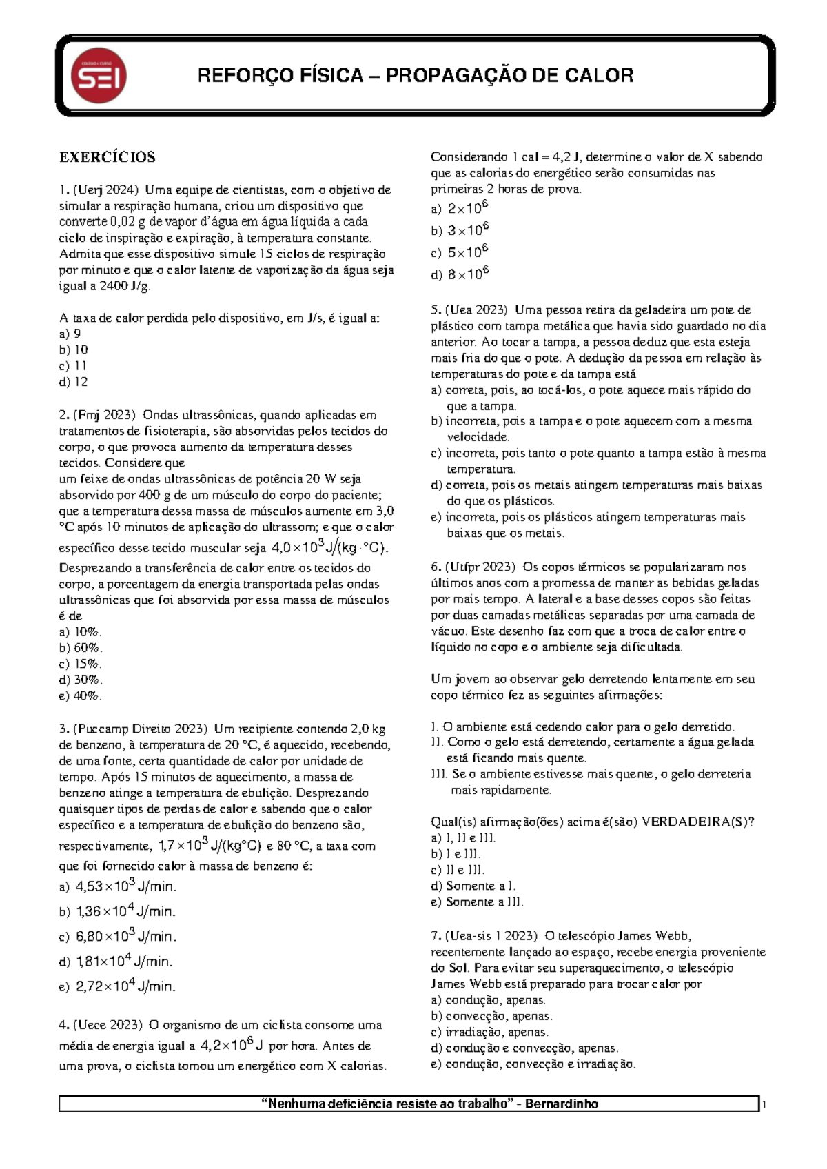 Reforço Física - Propagação de Calor - Exercícios para Prática - Studocu