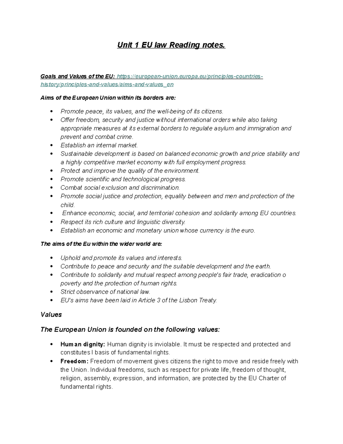 Unit 1 - Reading notes - eu law - Unit 1 EU law Reading notes. Goals ...