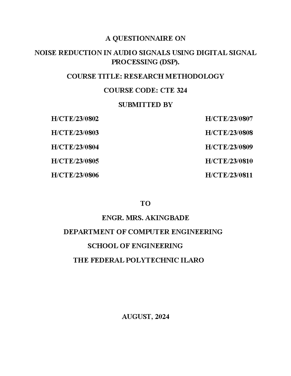 CTE 324: Questionnaire on Noise Reduction in Audio Signals - Studocu