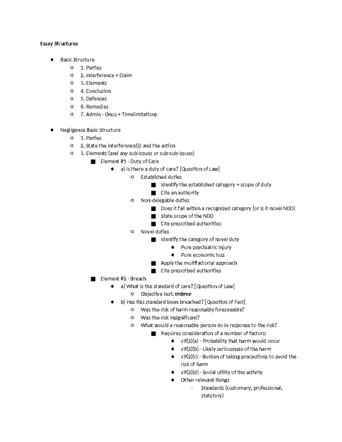 Essay Structures: Negligence Claims & Duty of Care Analysis - Studocu