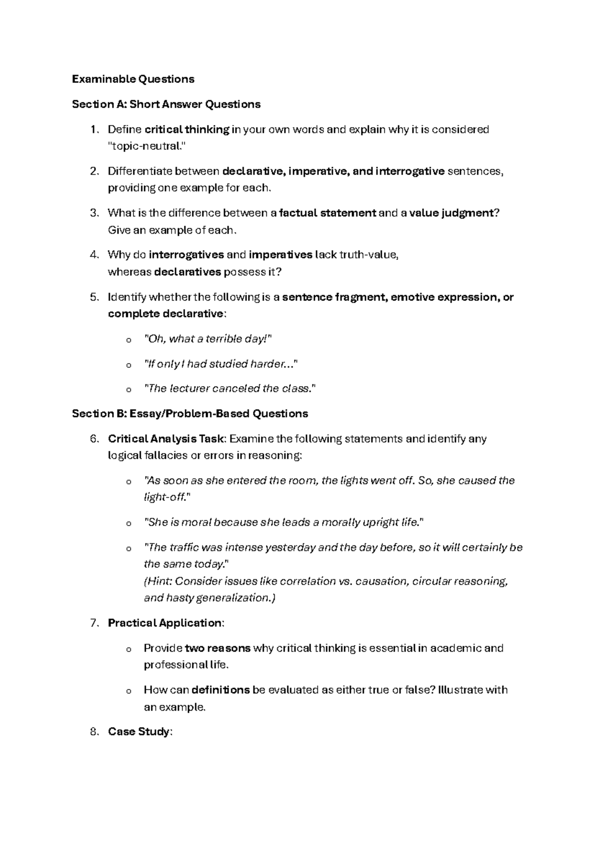 Examinable Questions on Critical Thinking (UGRC 104) - Short Answers ...