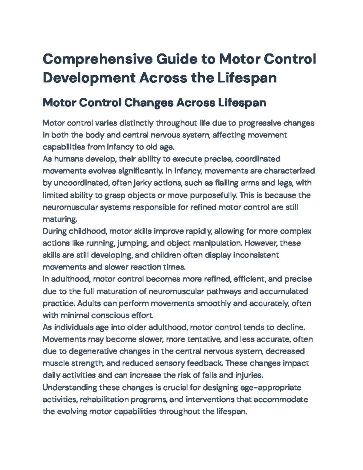 Motor Control Development Across the Lifespan: A Comprehensive Overview ...
