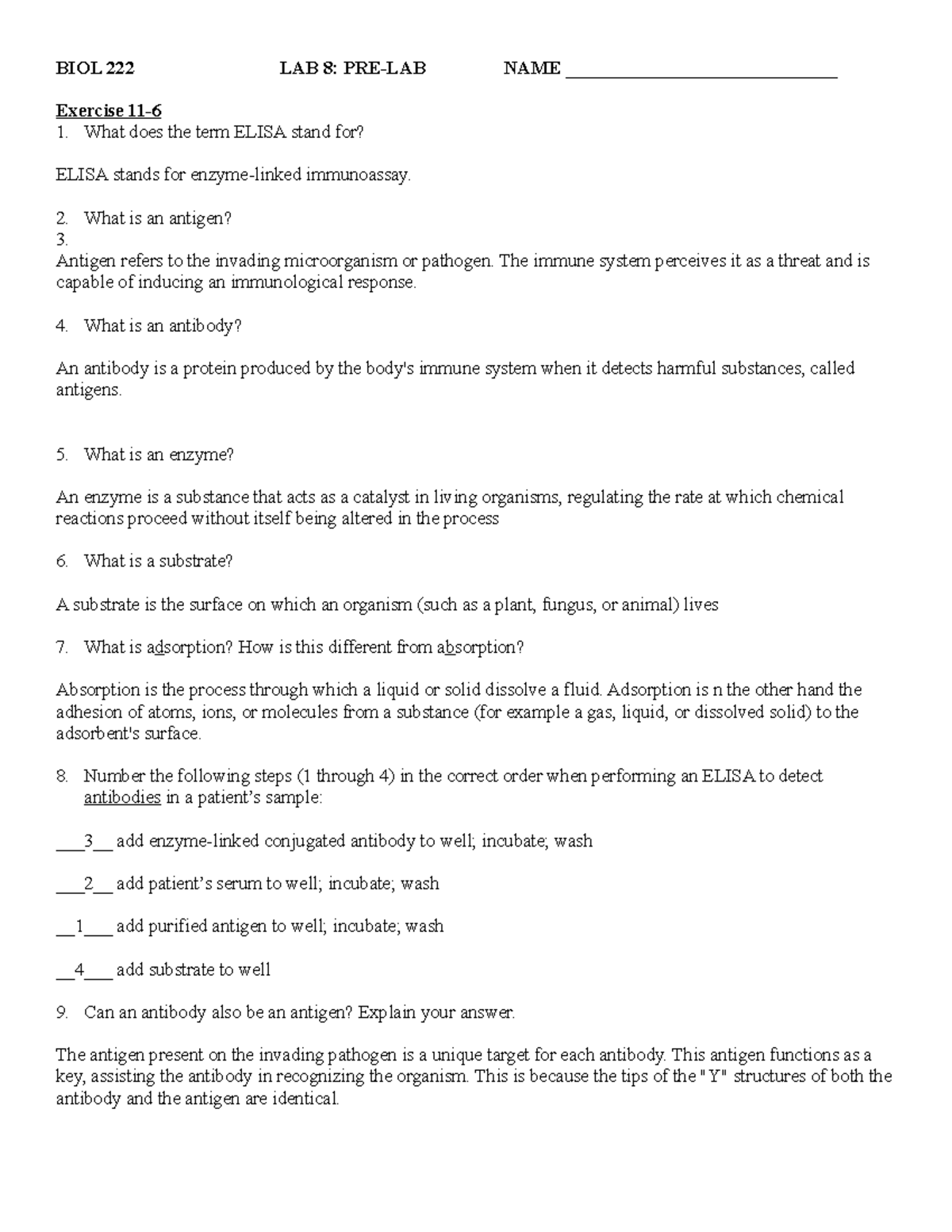 BIOL 222 Lab 8 Prelab: ELISA Concepts and Procedures - Fall 2021 - Studocu
