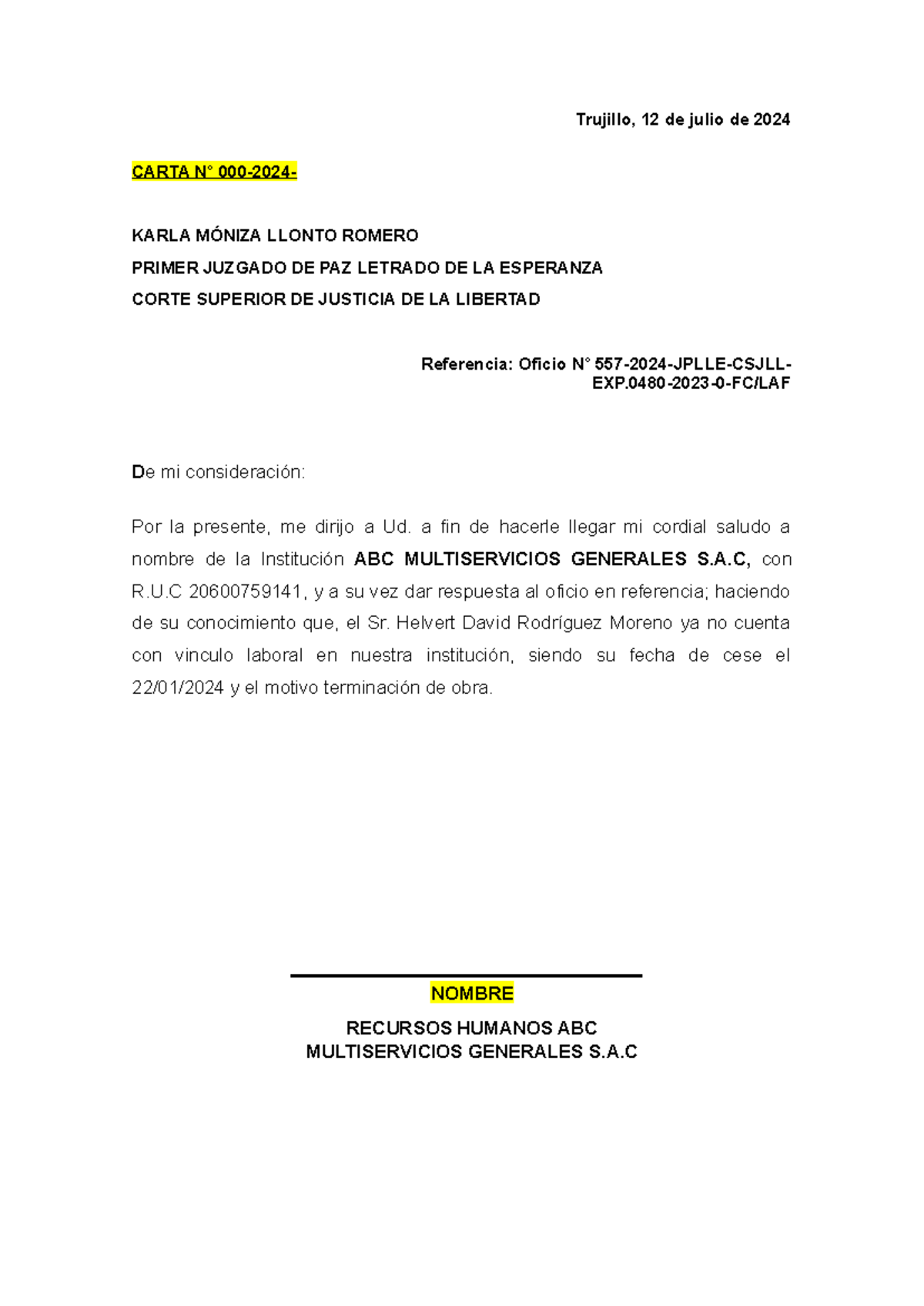 Carta Respuesta Oficio N° 557-2024 - Recursos Humanos - Document Preview