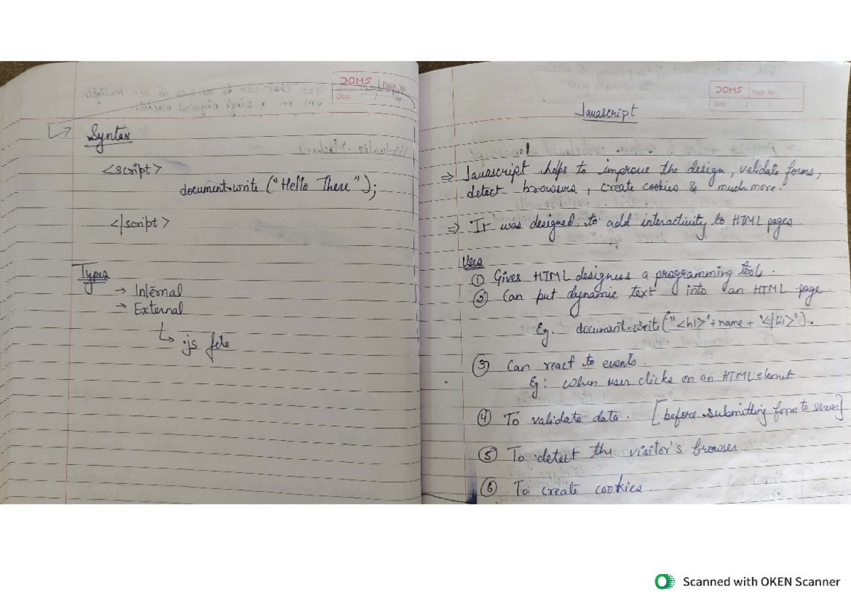 JavaScript Handwritten Notes for DOMS Course: Key Concepts & Syntax ...