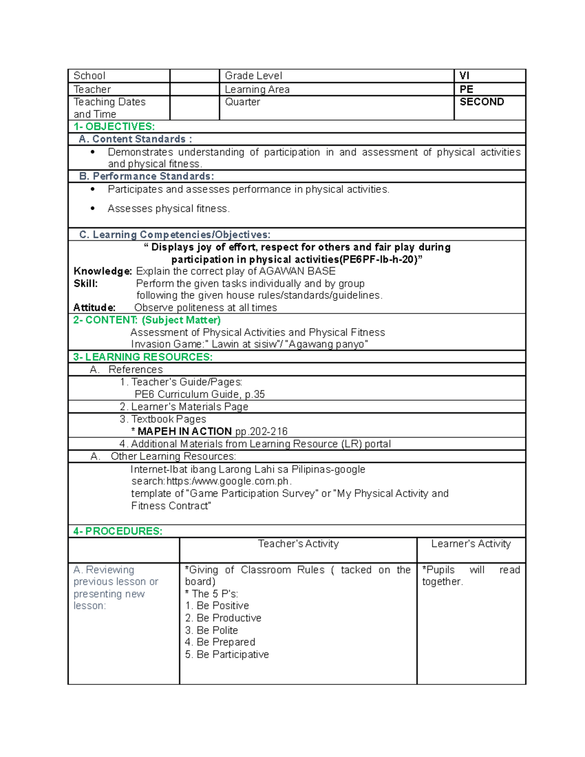 PE VI Second Quarter Lesson Plan: Invasion Game - Agawan Base - Studocu
