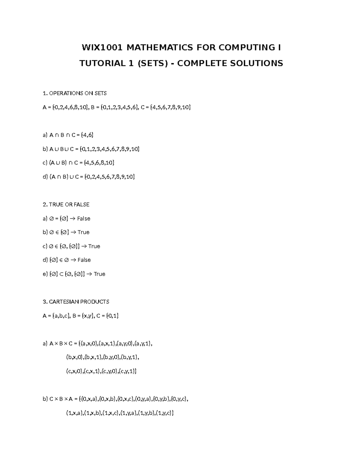 WIX1001 MATHEMATICS FOR COMPUTING I TUTORIAL 1 SOLUTIONS - Studocu