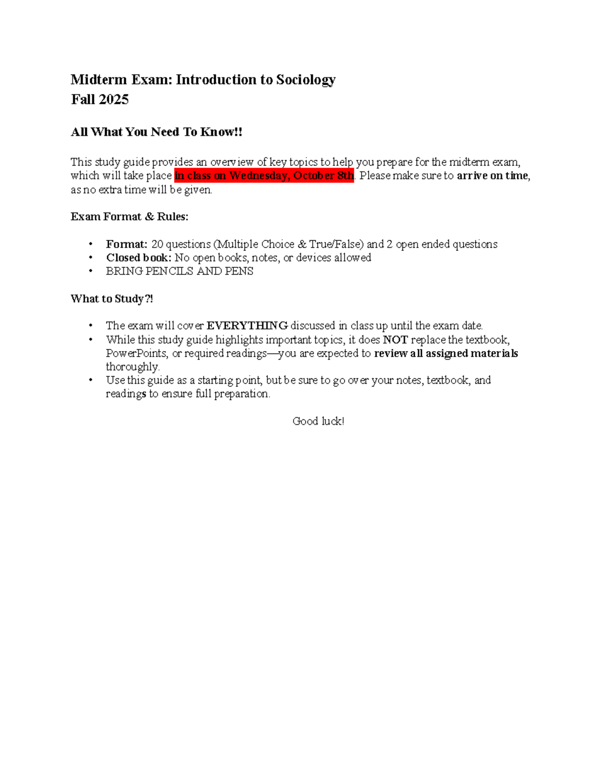 Midterm Exam Study Guide: Intro to Sociology (Fall 2025) - Studocu