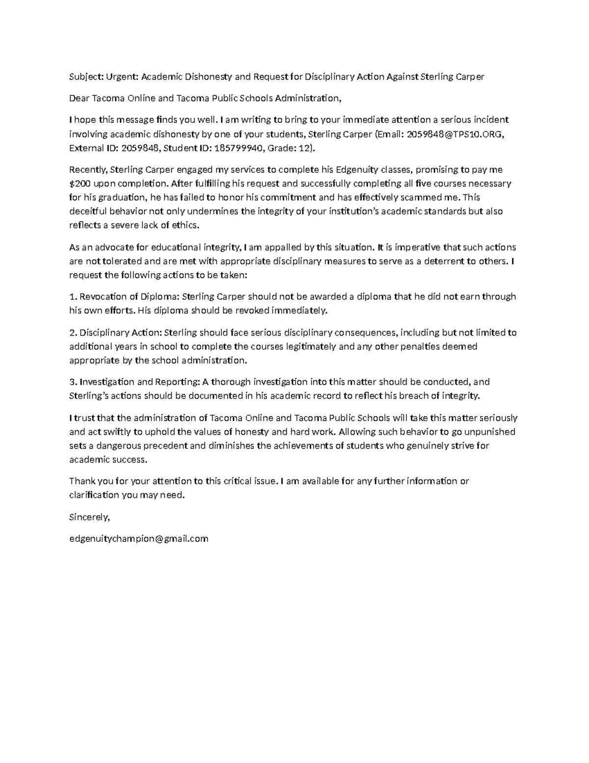Reporting Academic Integrity Violation: Case of Sterling Carper - Studocu