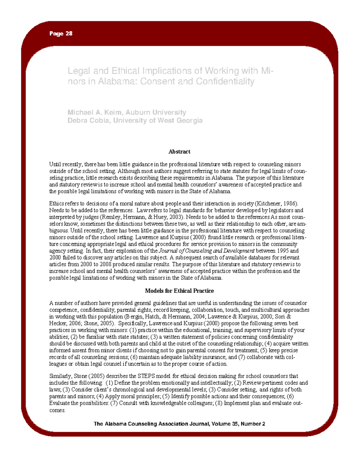 Legal and Ethical Issues in Counseling Minors in Alabama: A Review ...