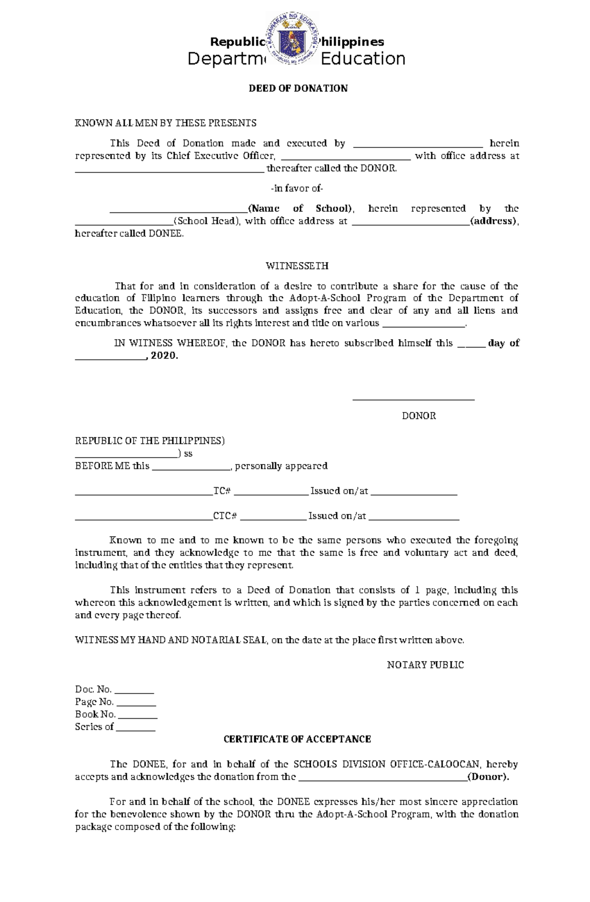 DEED OF Donation & Acceptance - Adopt-A-School Program Document - Studocu