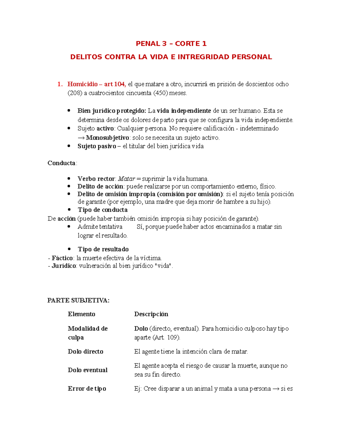 PENAL 3 CORTE 1: DELITOS CONTRA LA VIDA Y LA INTEGRIDAD PERSONAL - Studocu
