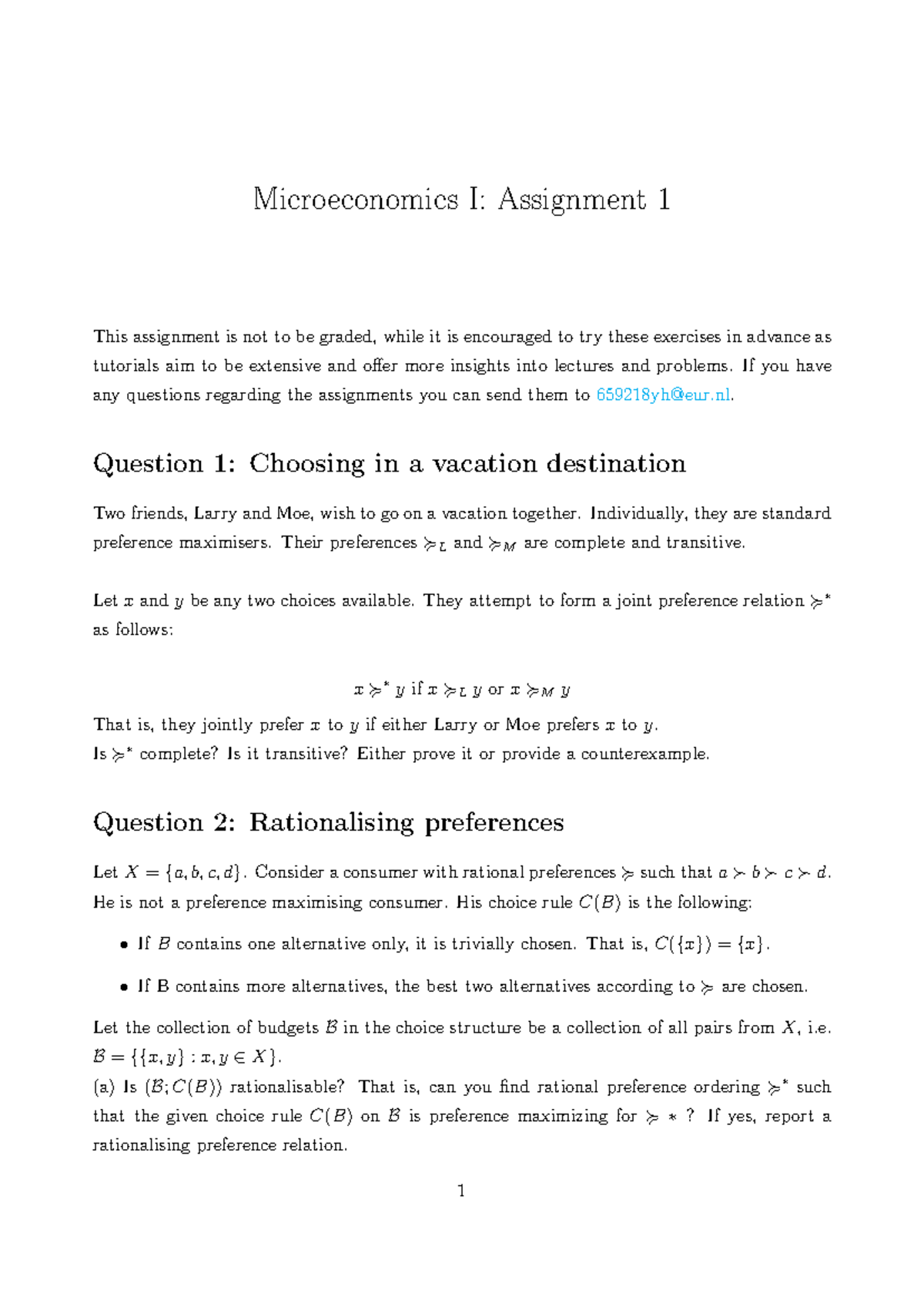 Microeconomics I: Assignment 1 - Lecture Notes on Preferences and ...