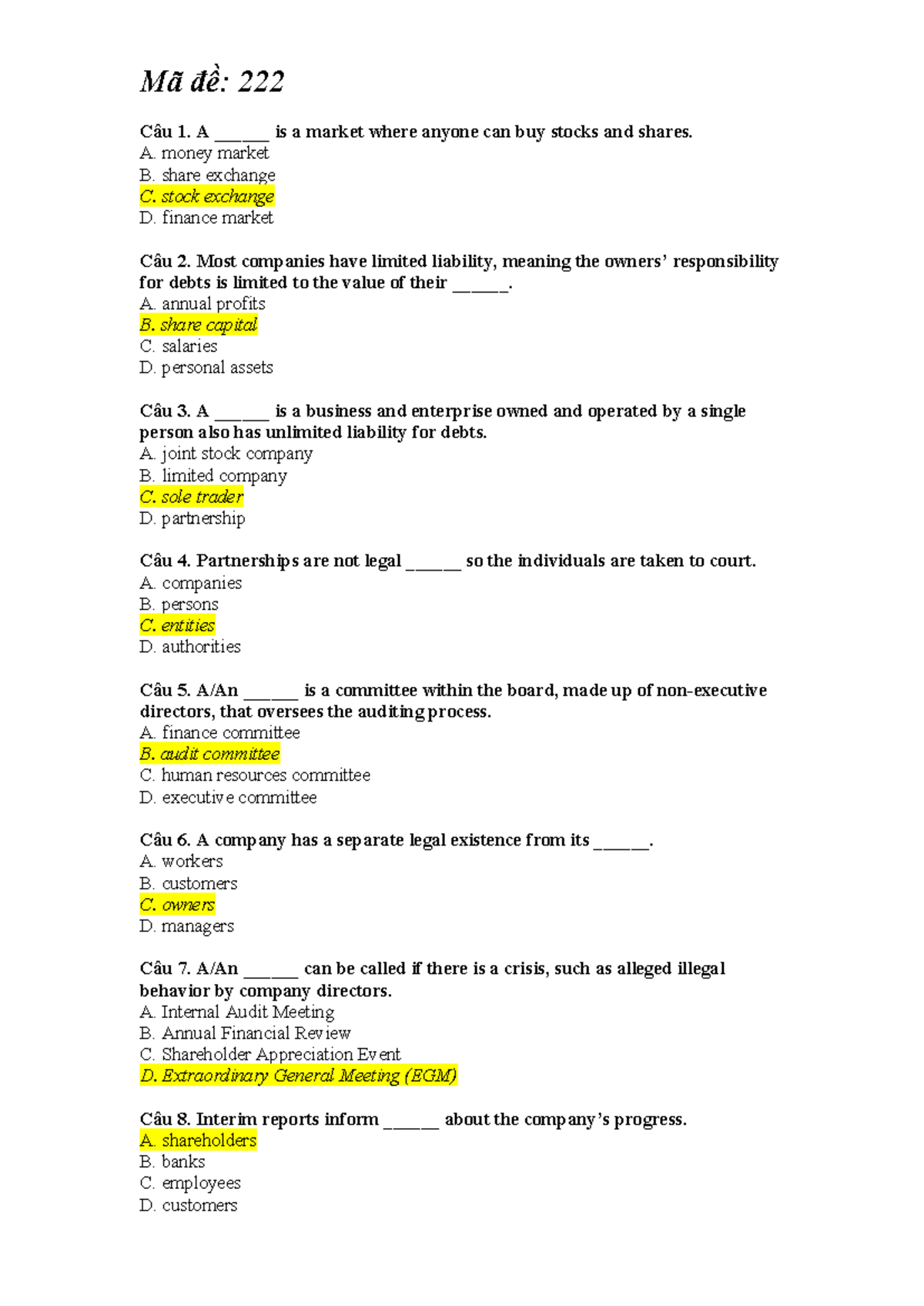 Mã đề 222 - Stock Market Concepts and Quiz Questions - Studocu