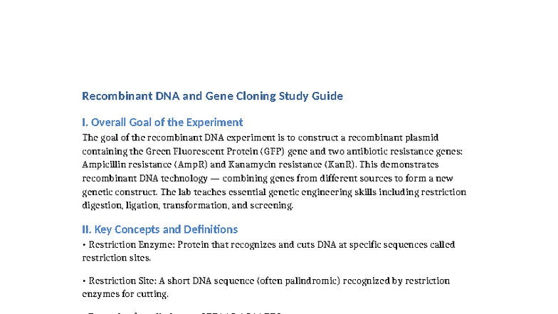 Recombinant DNA & Gene Cloning Study Guide (BIOL 101) - Studocu