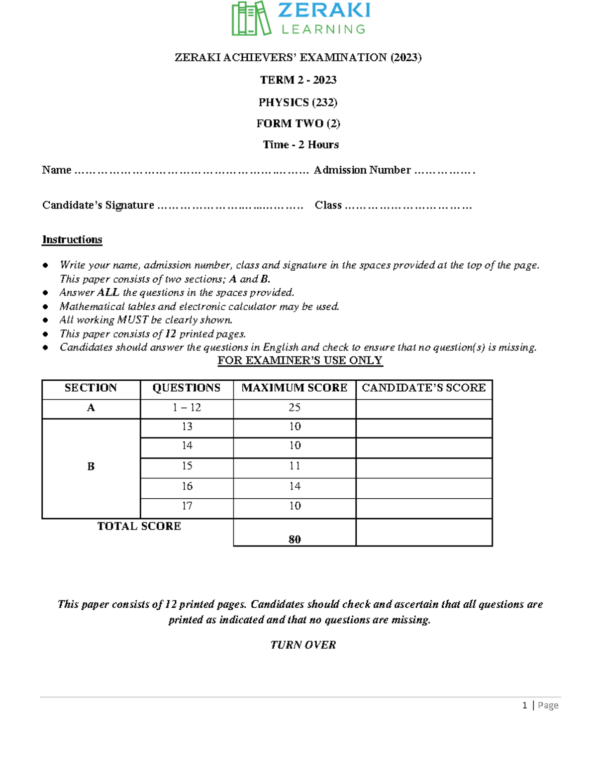 Physics (232) Term 2 Examination Paper - Form Two (2023) - Studocu