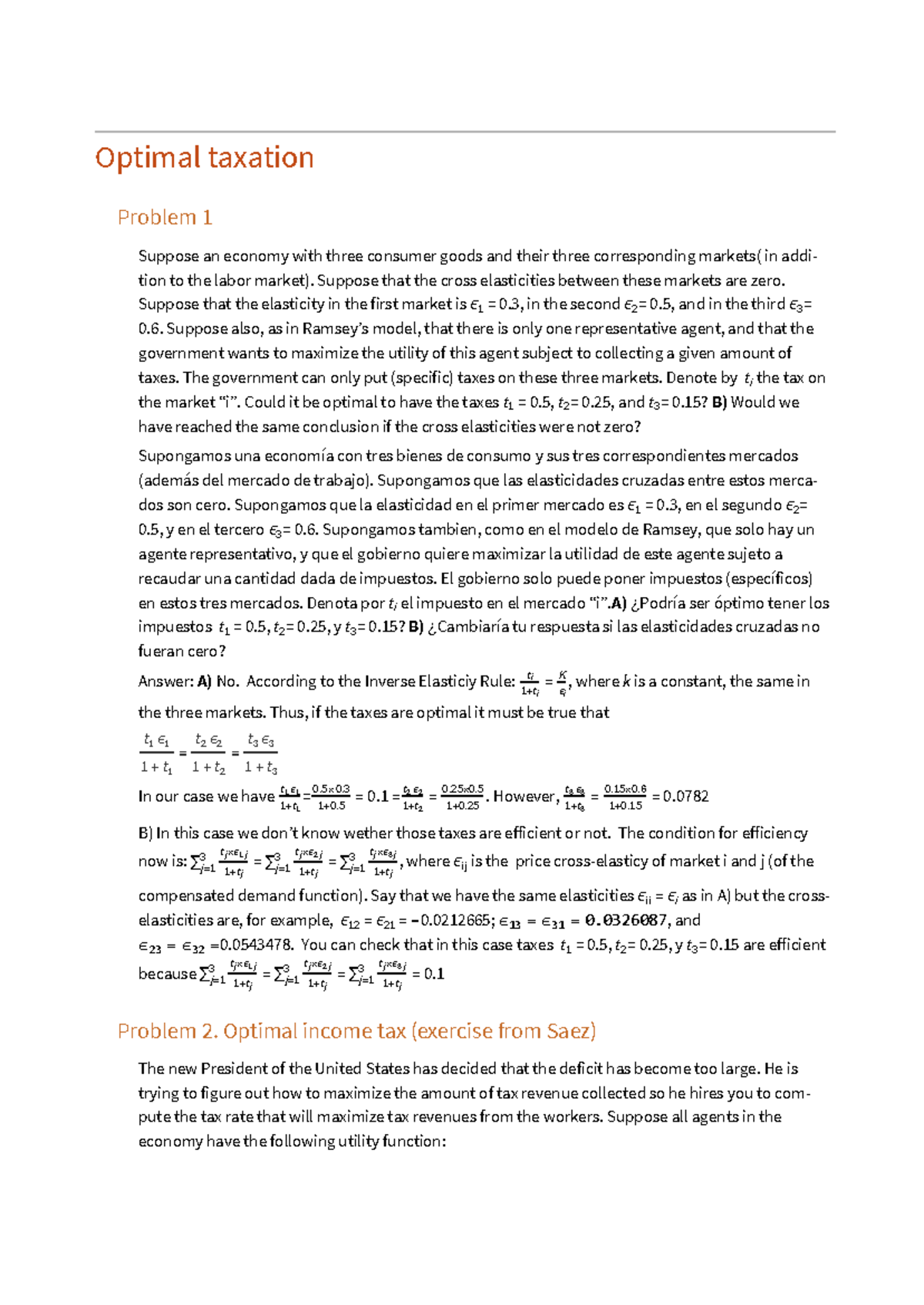 Optimal Taxation Analysis - Course 23/24 ORTUÑO Exercises - Studocu