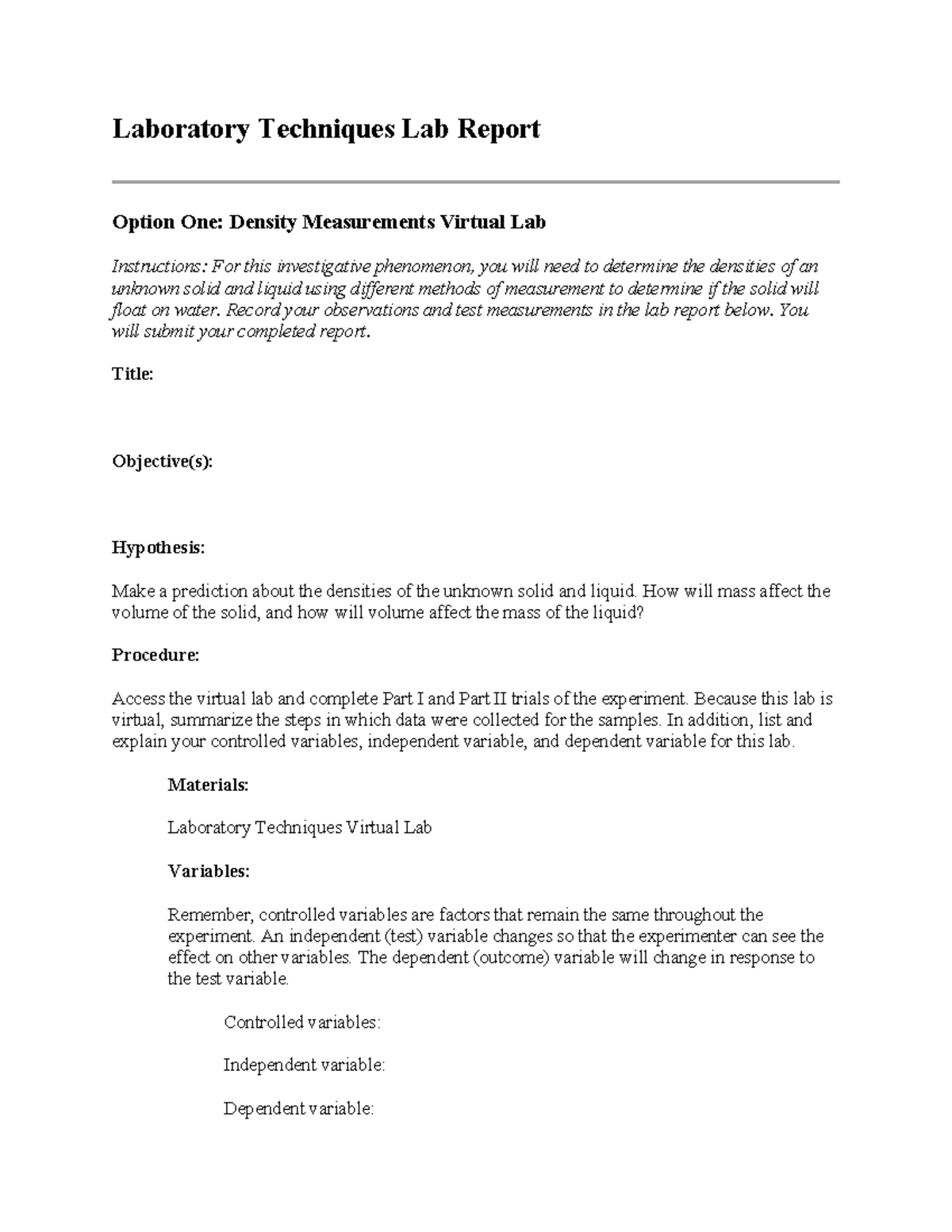 Annotated-laboratory techniques option one report - Laboratory ...
