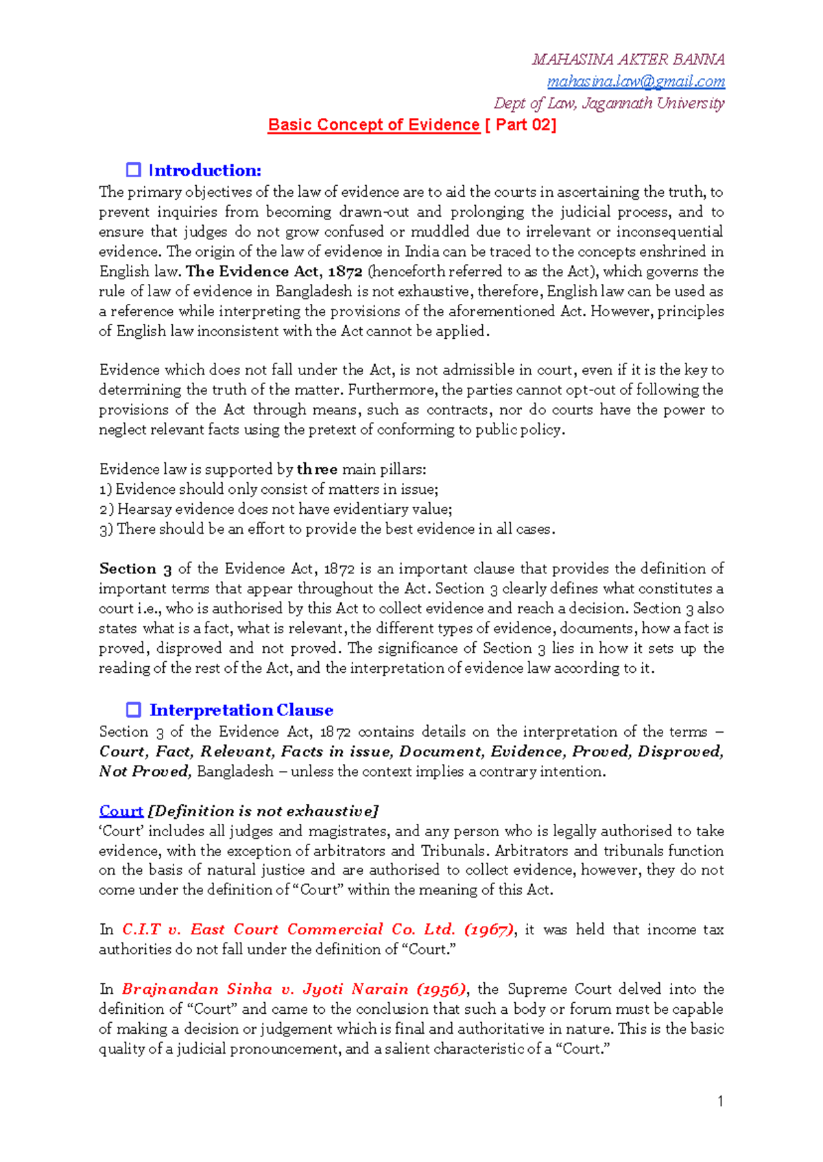 EVIDENCE LAW NOTES (LAW 101) - Key Concepts & Principles - Studocu