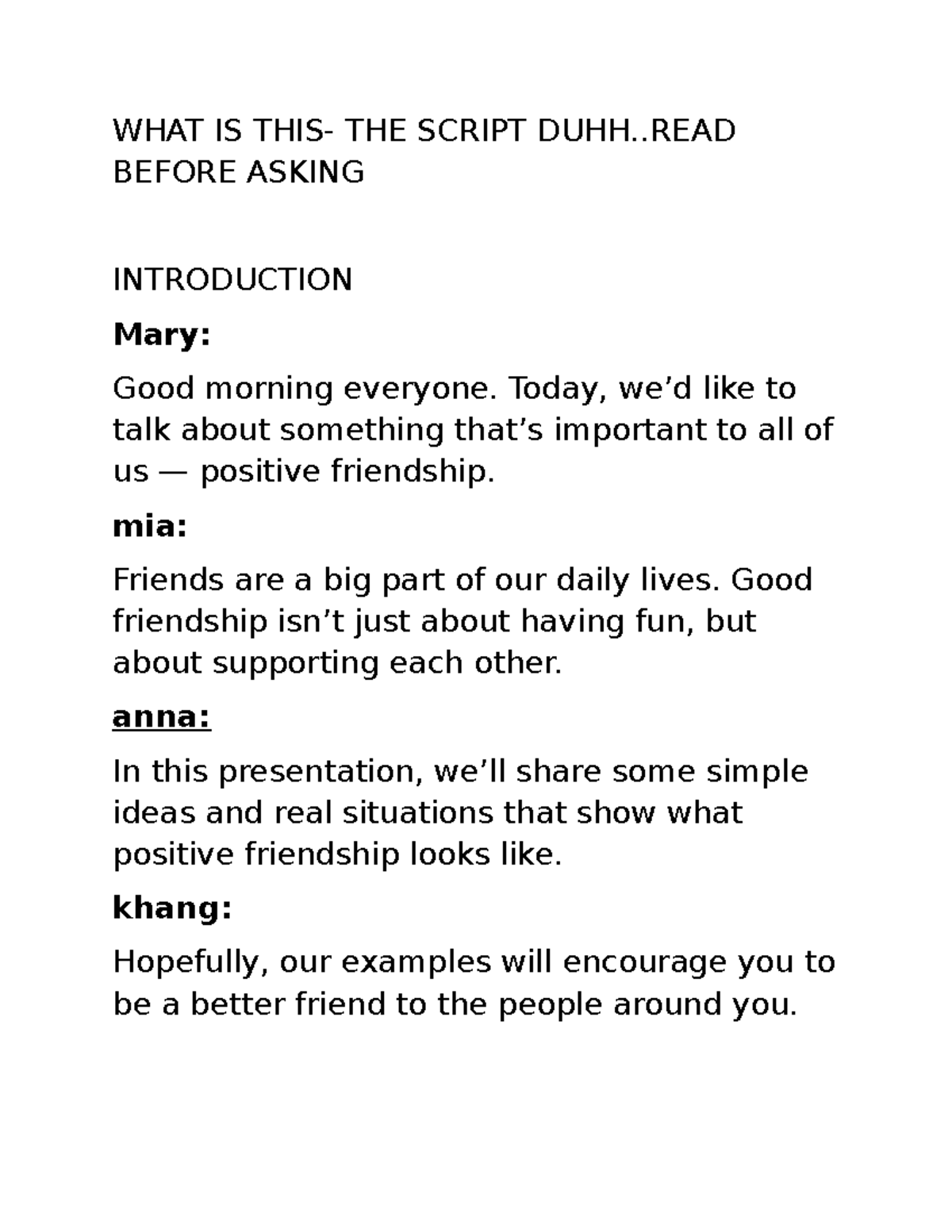 Positive Friendship: Script & Challenge Overview - Studocu