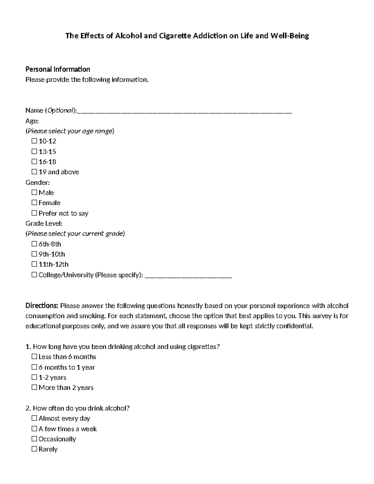 CASE Study Questionnaire on Alcohol & Cigarette Addiction Effects - Studocu