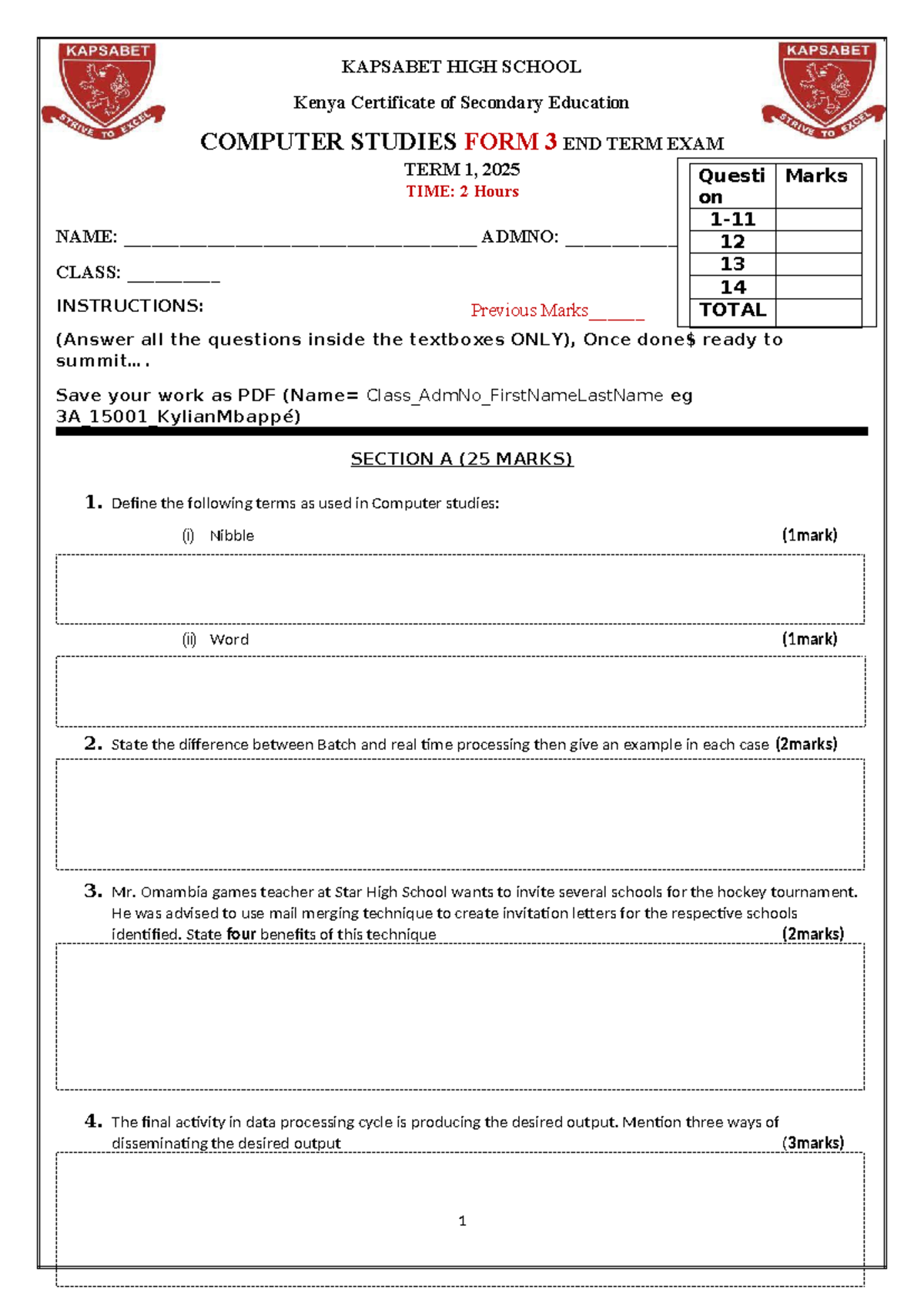 KAPSABET HIGH SCHOOL COMPUTER STUDIES FORM 3 END TERM EXAM 2025 - Studocu