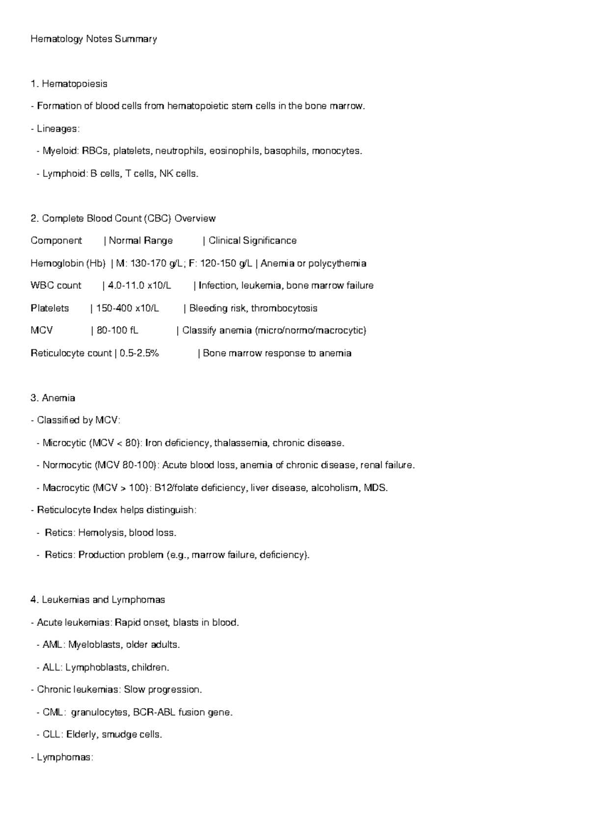 Hematology Notes Summary: Key Concepts and CBC Analysis - Studocu