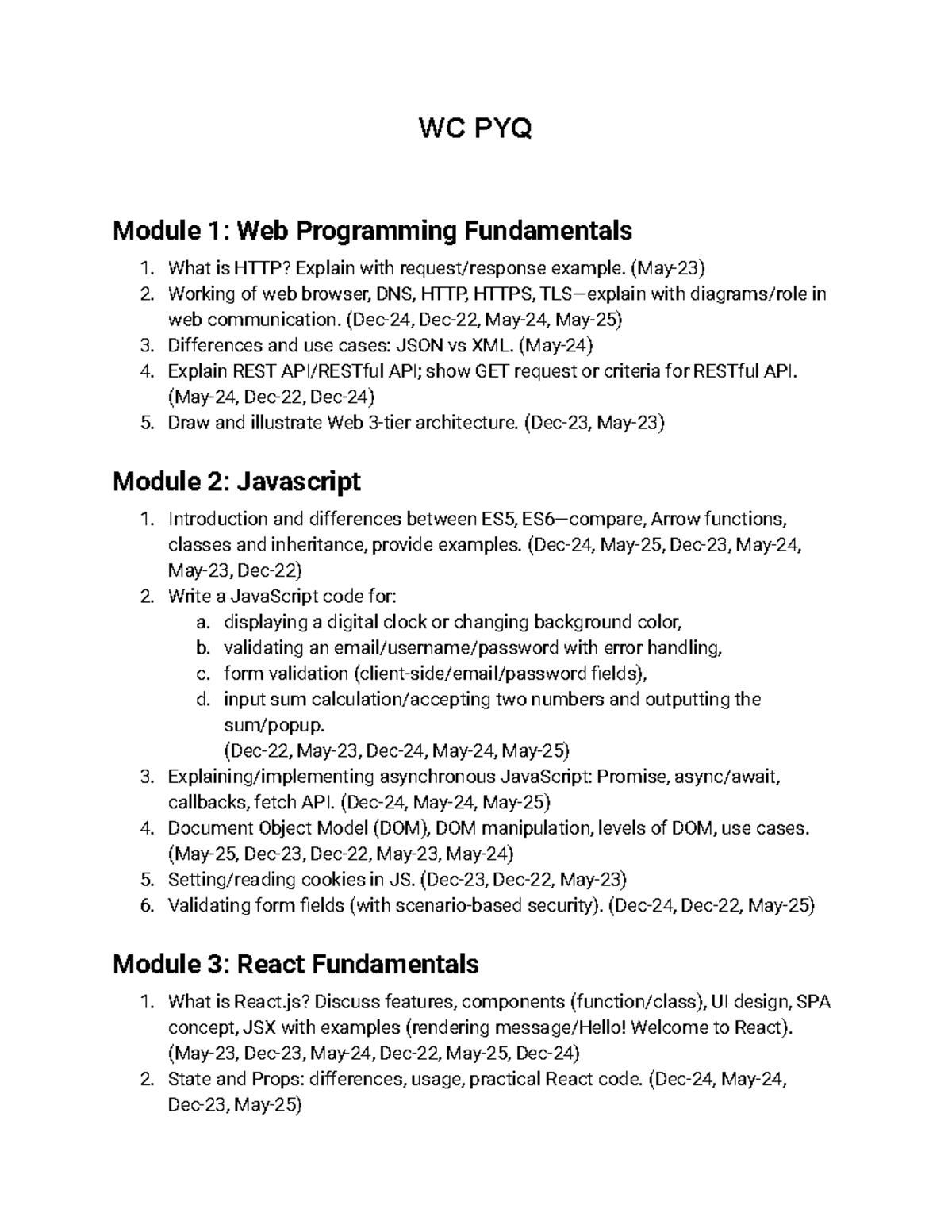 WC PYQ - Practice Questions for Web Programming Fundamentals - Studocu