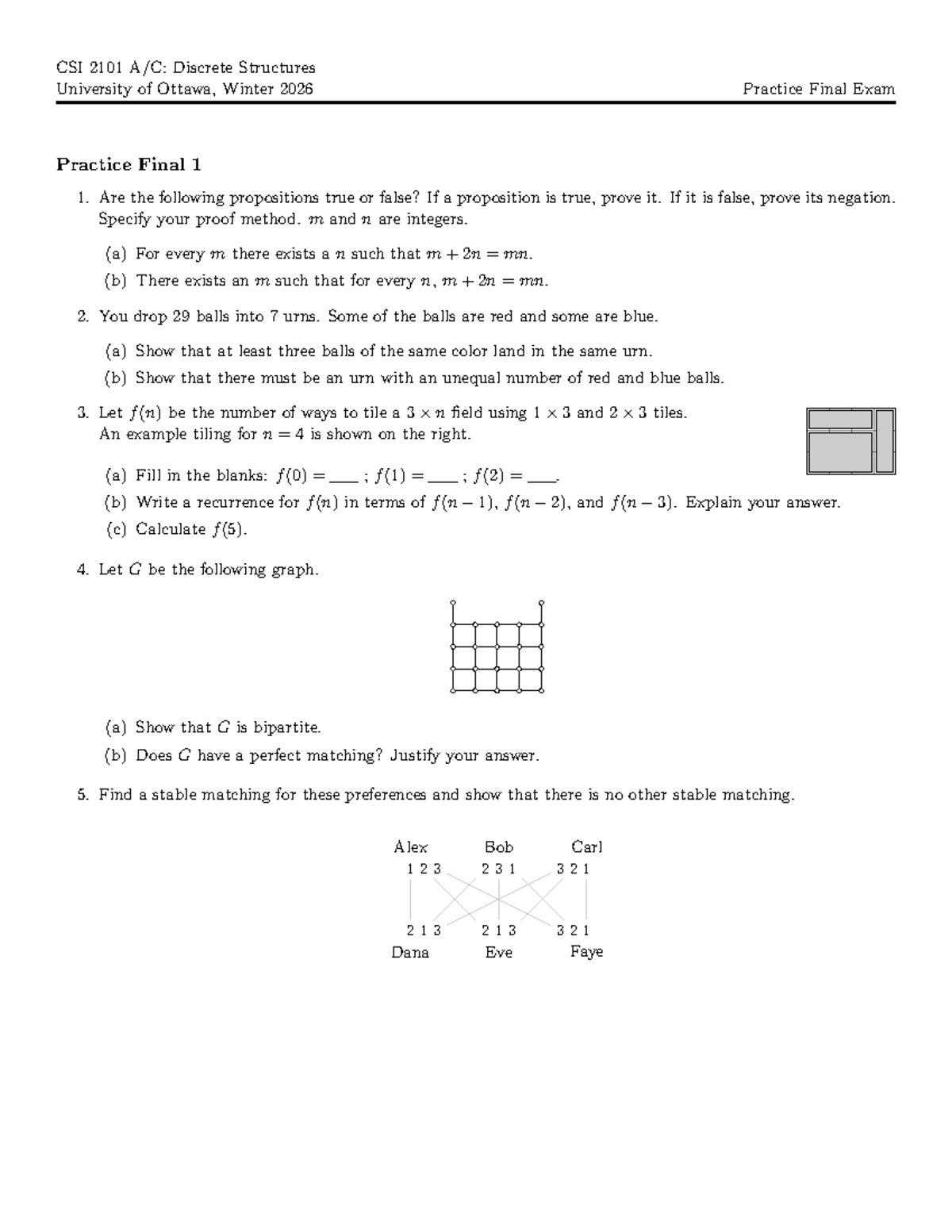 CSI 2101 Discrete Structures Winter 2026 Practice Final Exam 1 - Studocu