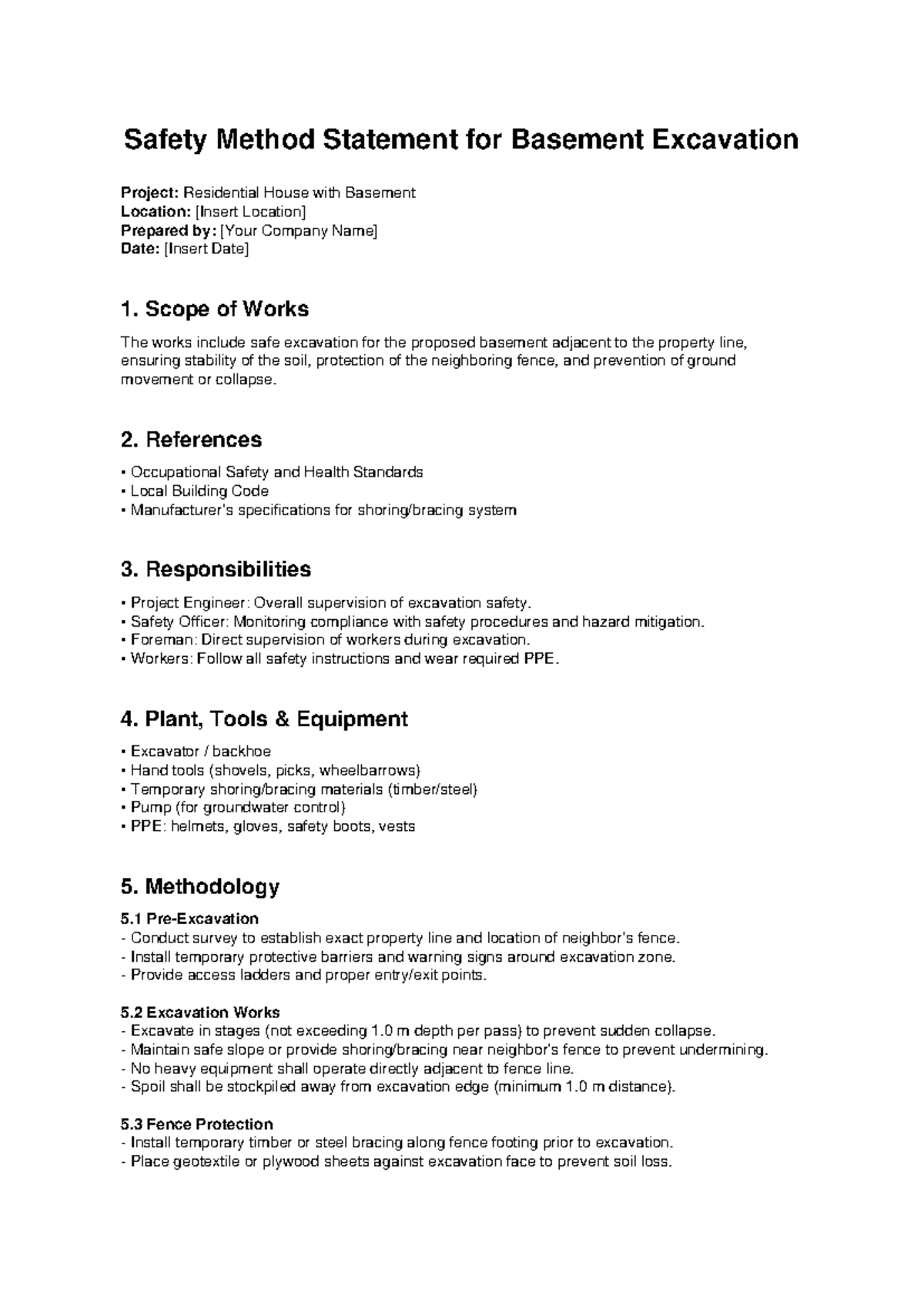 Safety Method Statement for Basement Excavation Project - Studocu