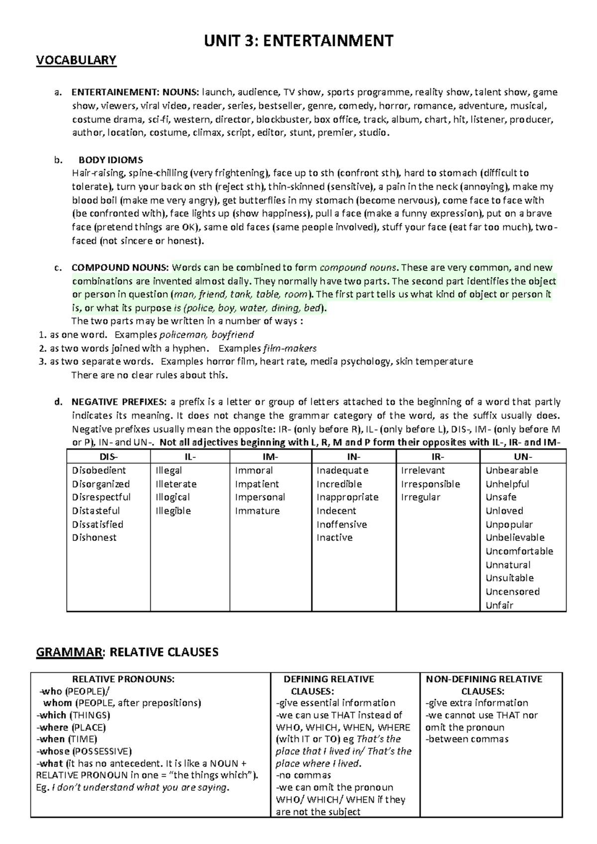 Unit 3: Vocabulary and Grammar in Entertainment - English Notes - Studocu