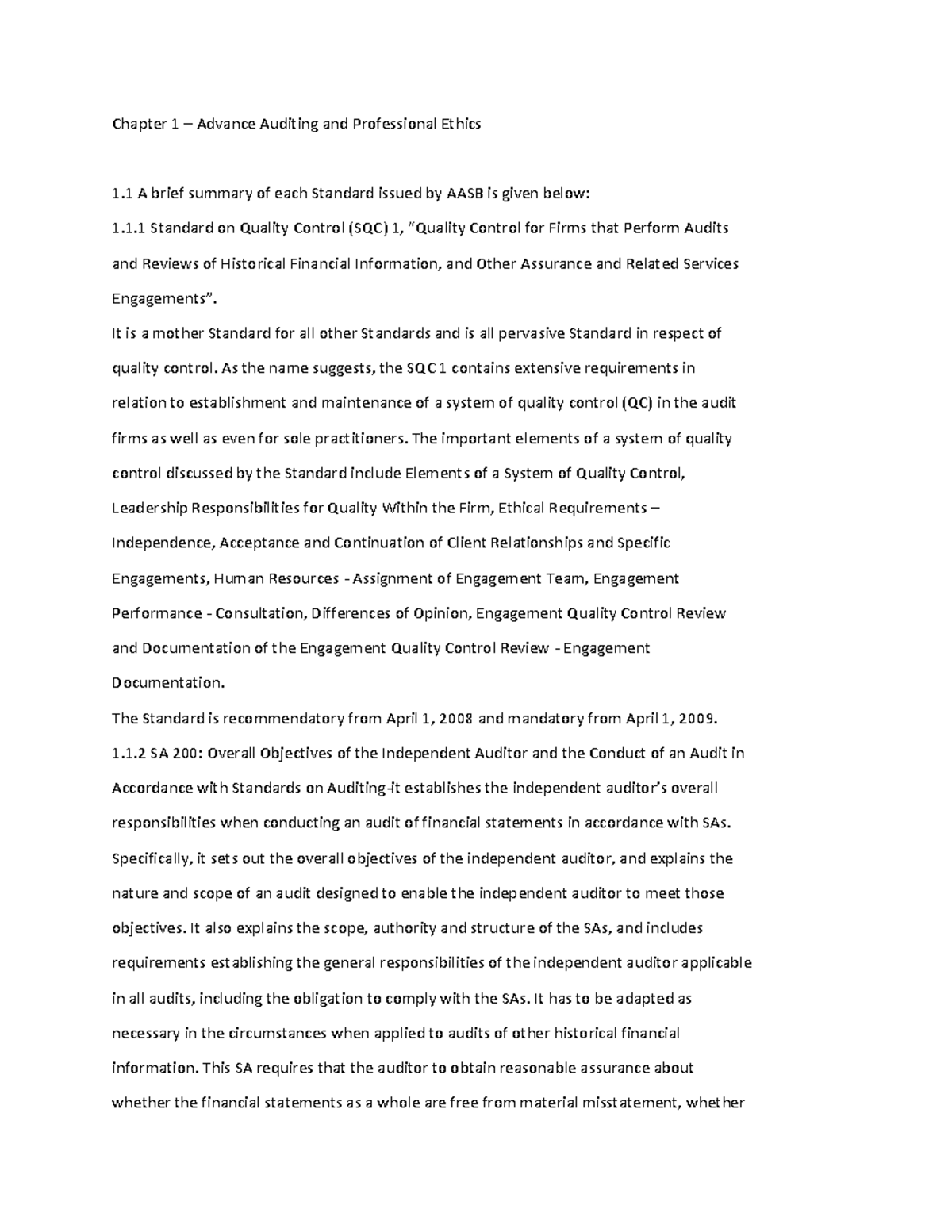 Chapter 1 - Overview of Advanced Auditing Standards and Ethics - Studocu