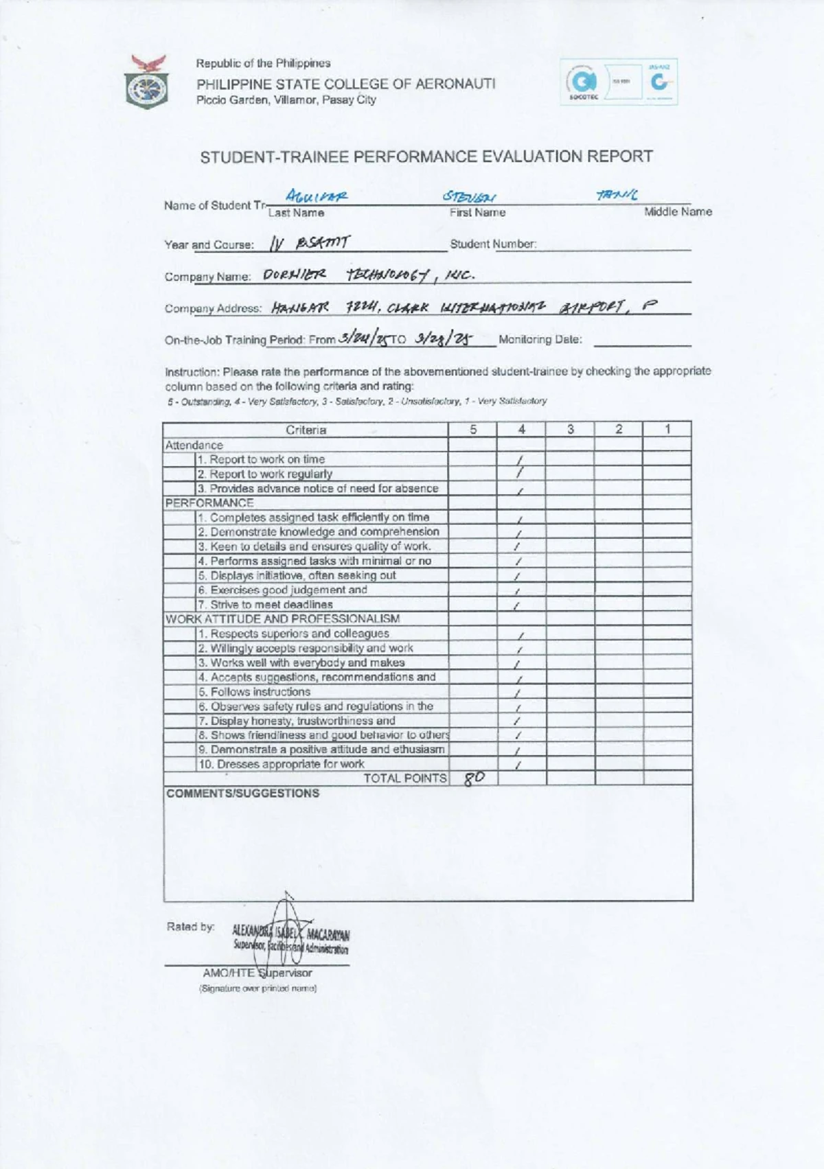 PHILIPPINE STATE COLLEGE OF AERONAUTICS ISO 9001 Performance Eval ...