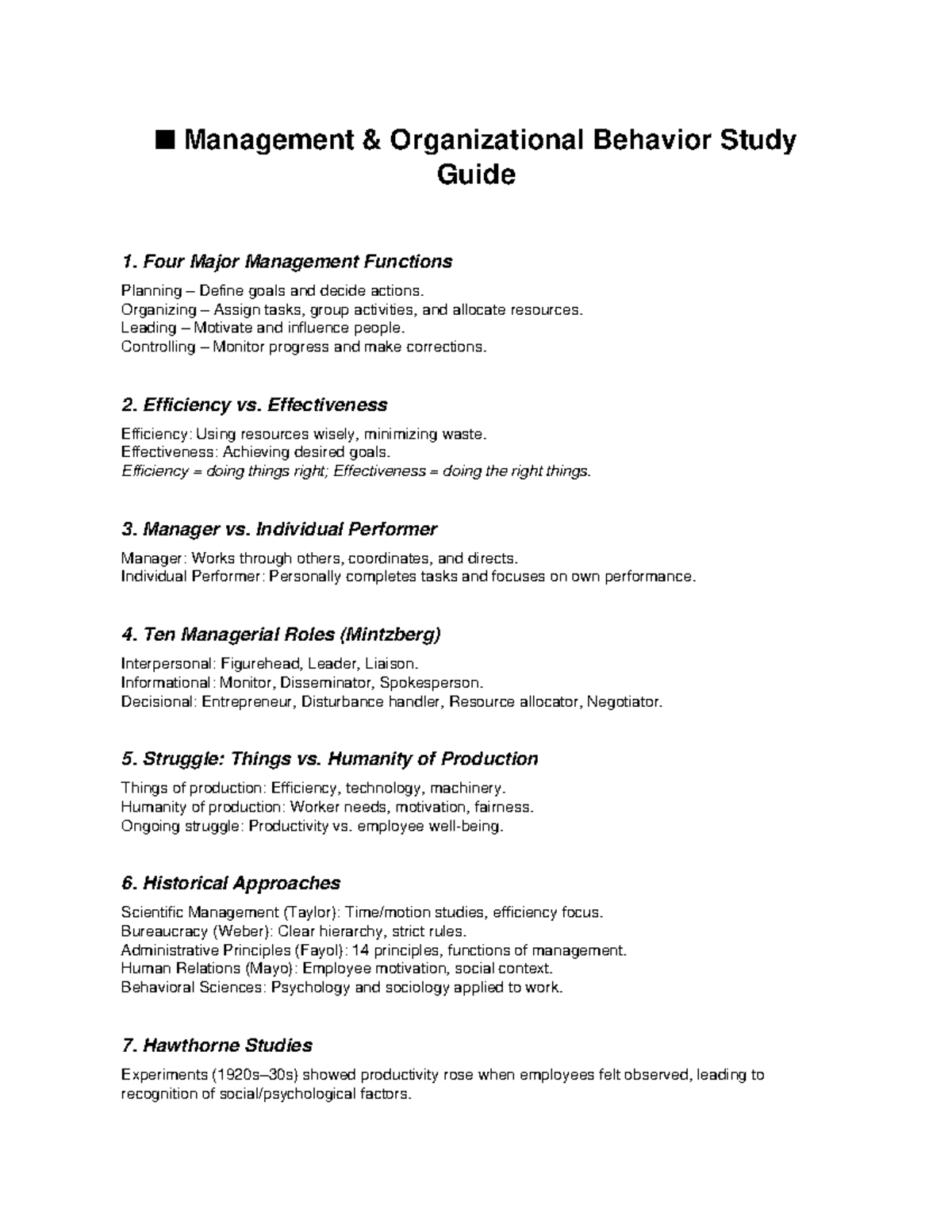 Management & Organizational Behavior Study Guide: Key Concepts (MGT 101 ...