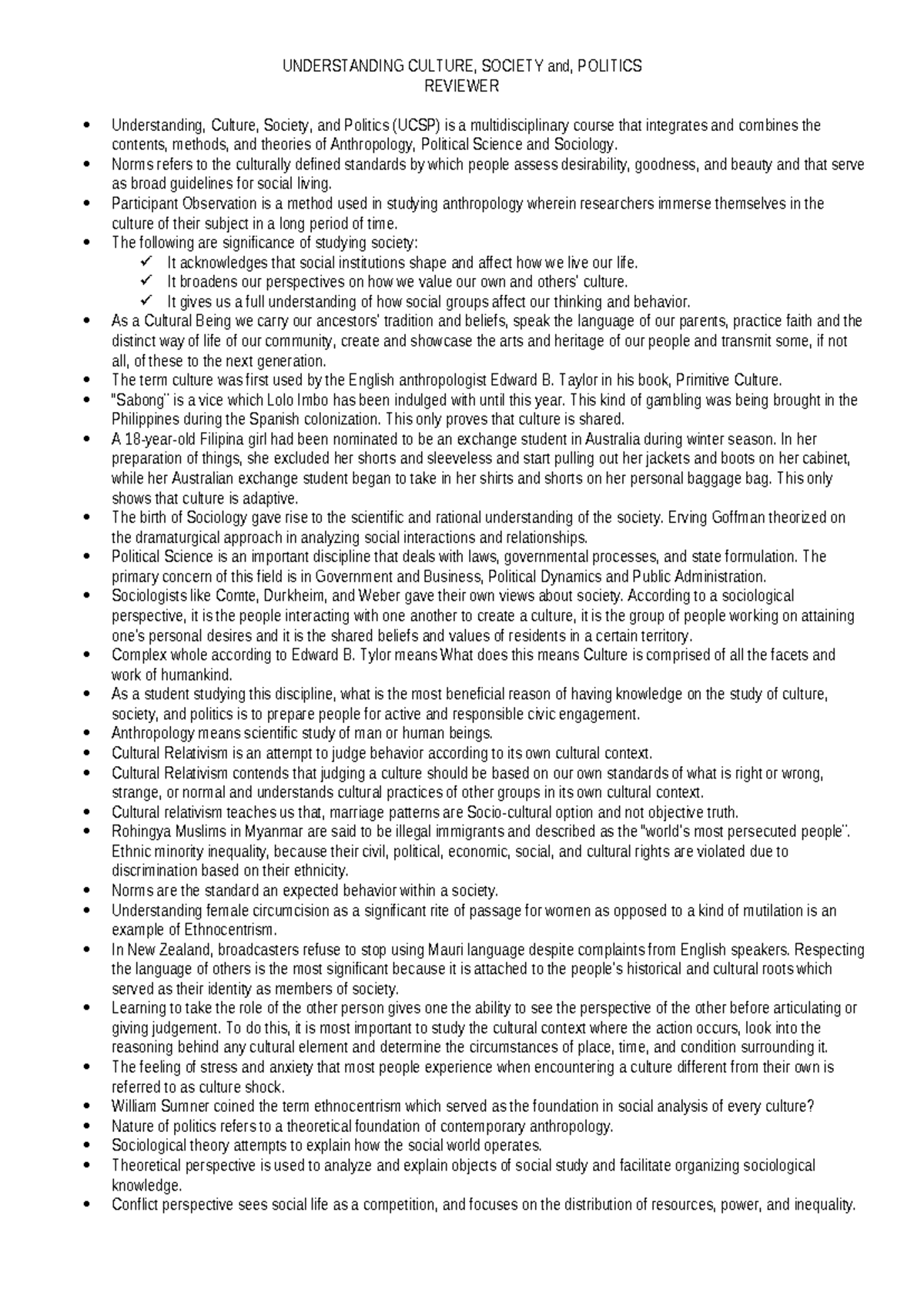 UCSP Reviewer 1ST Quarter - UNDERSTANDING CULTURE, SOCIETY and ...